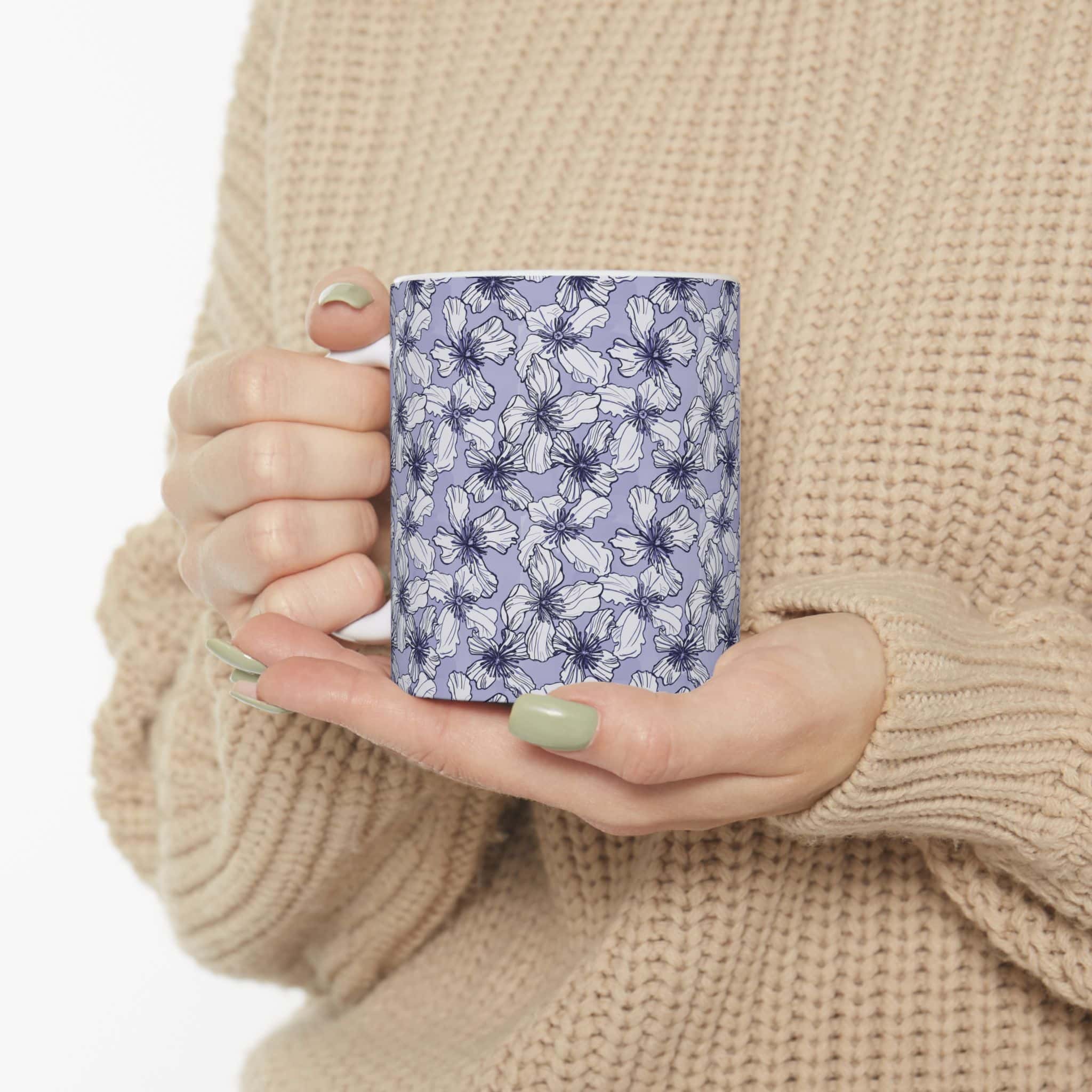 Lavender Floral Ceramic Mug — Purple Hand-Drawn Clematis Blossom Pattern (11oz & 15oz) - Image 5