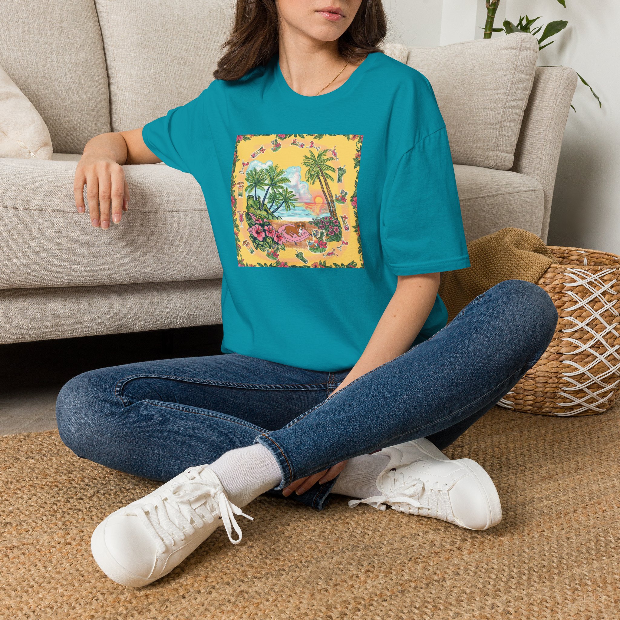 Girl Dachshund on a Tropical Sunset Beach T-Shirt — Vintage Beach Floral Graphic - Image 26
