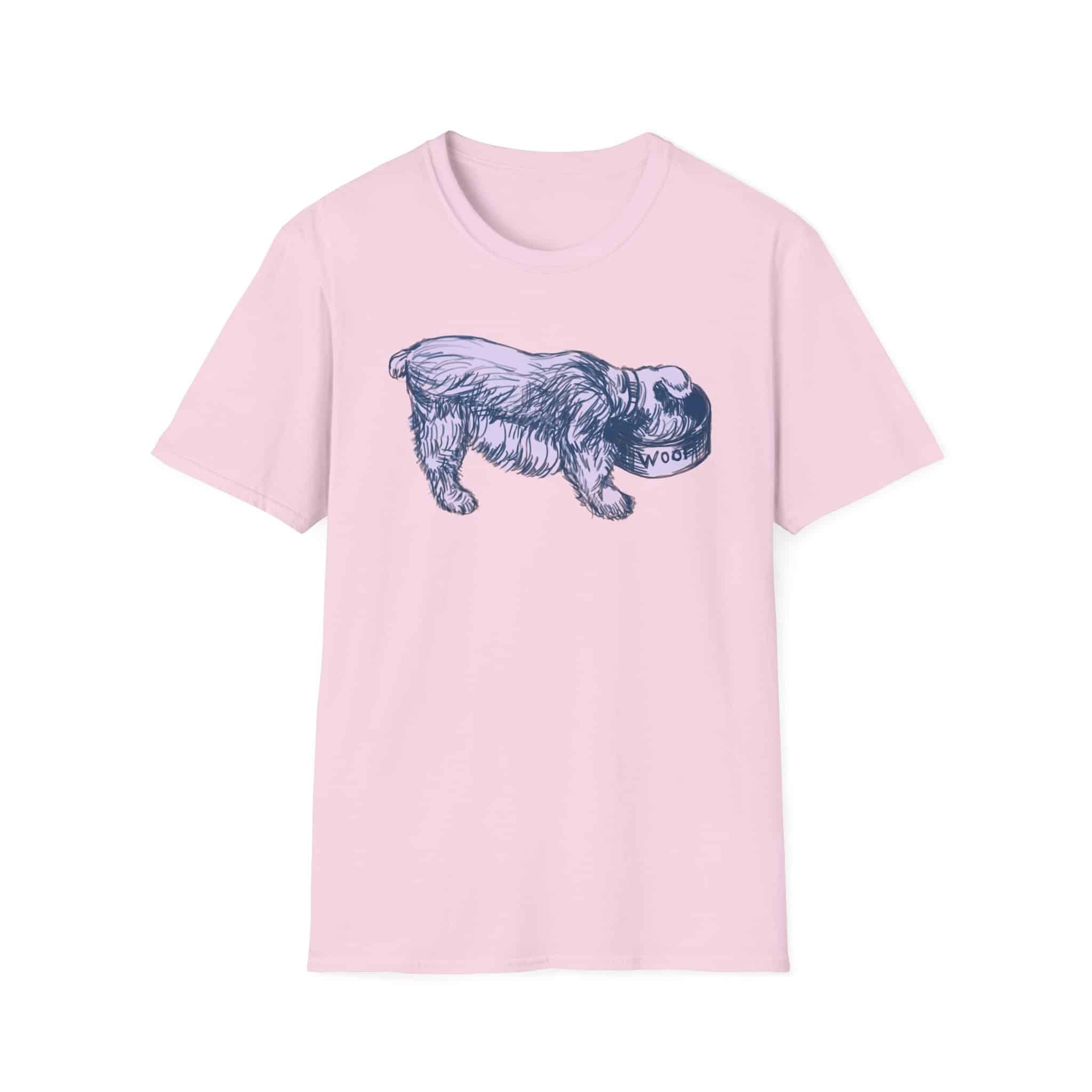 Quirky Vintage Pup Illustration T-Shirt — 'Woof' Dog Bowl Graphic - Image 6