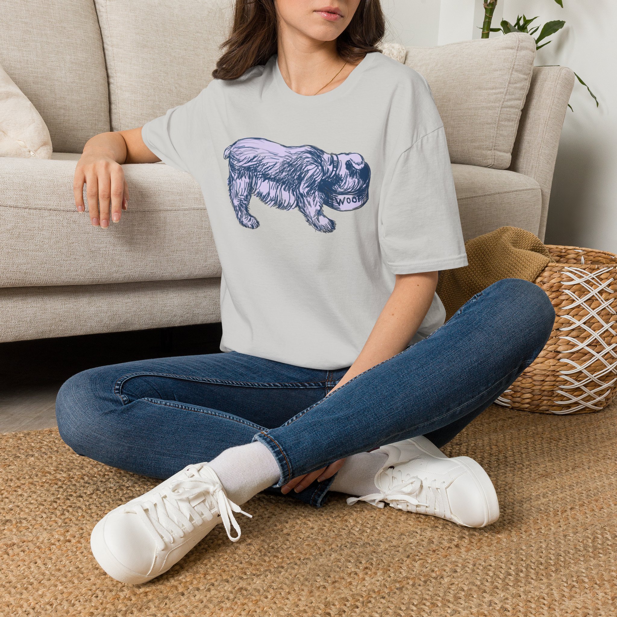 Quirky Vintage Pup Illustration T-Shirt — 'Woof' Dog Bowl Graphic - Image 14