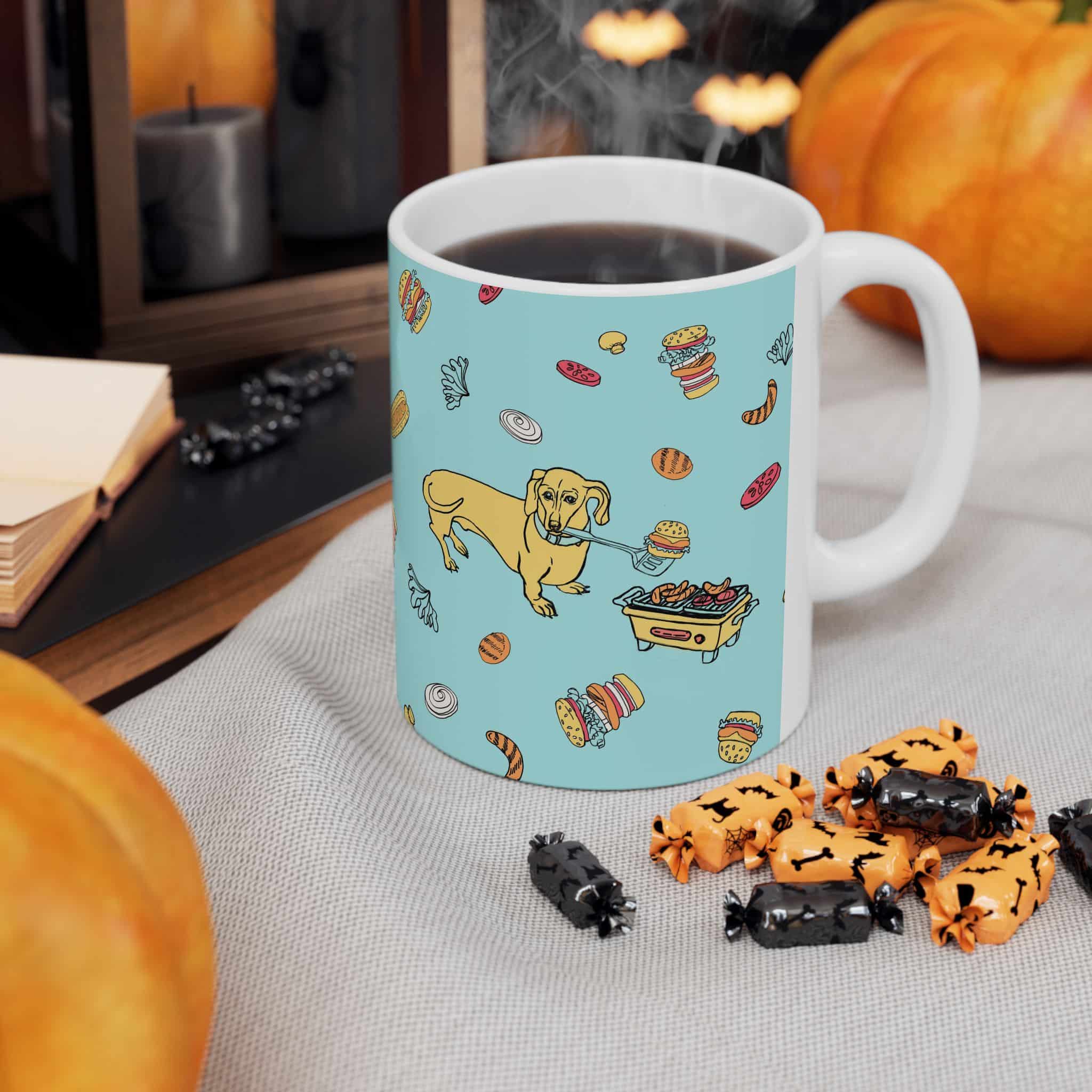 Dachshund Cooking on Hibachi Pattern Ceramic Mug — Cute Burger & Hot Dog 11oz/15oz Coffee Cup - Image 4