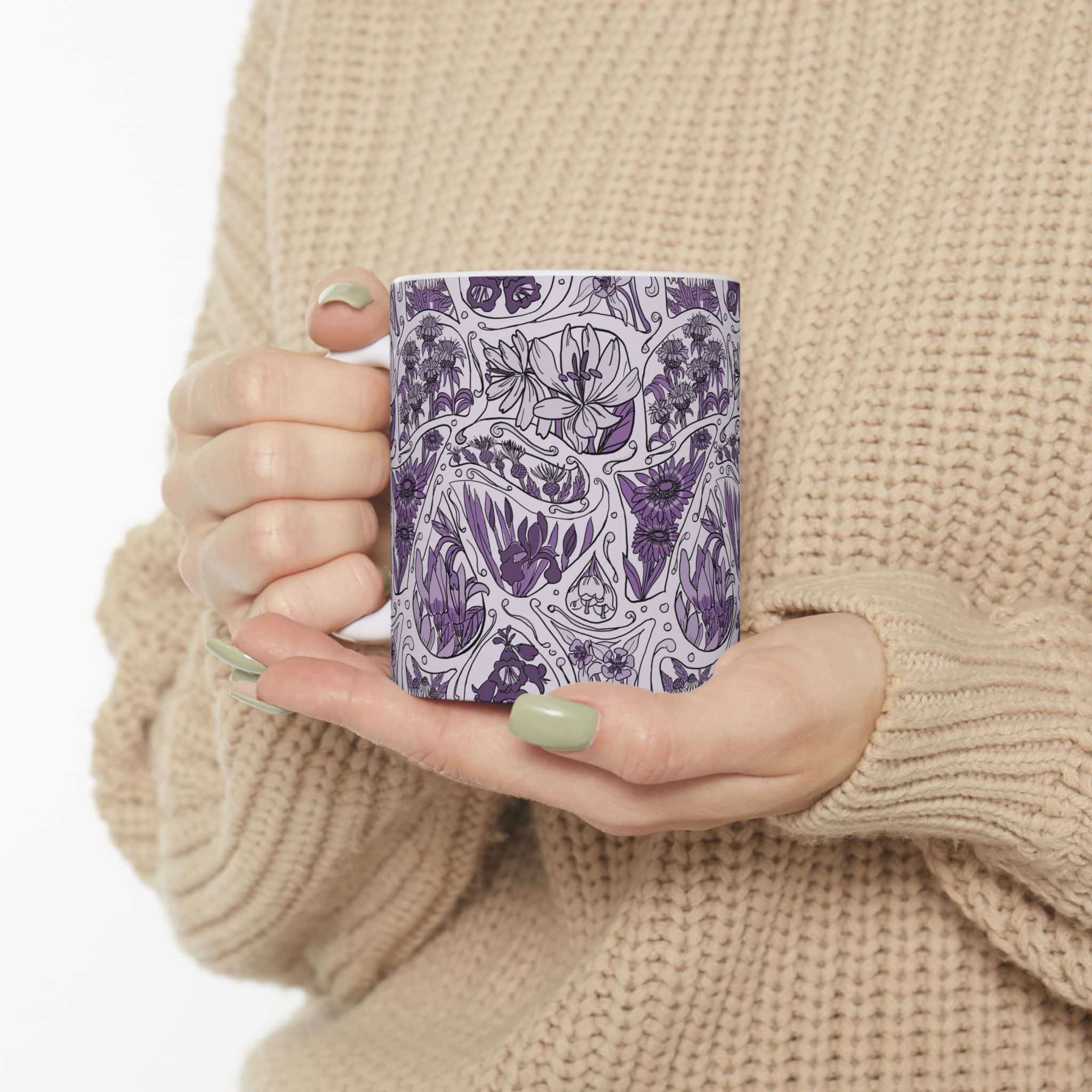 Monochrome Purple Floral Pattern Ceramic Mug — Hand-Drawn Botanical Design (11oz & 15oz) - Image 5