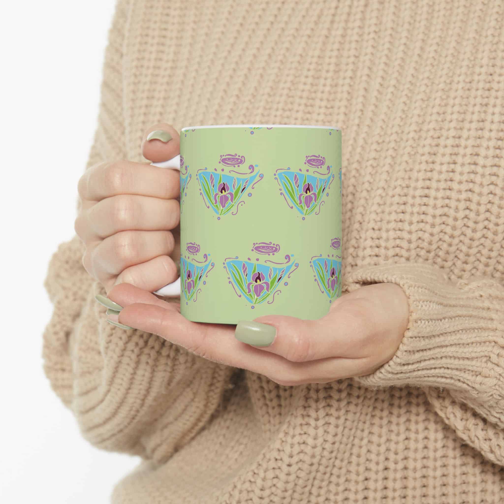 Pastel Floral Art Nouveau Diamond Pattern Ceramic Mug — Cute Botanical Tea & Coffee Cup (11oz, 15oz) - Image 5