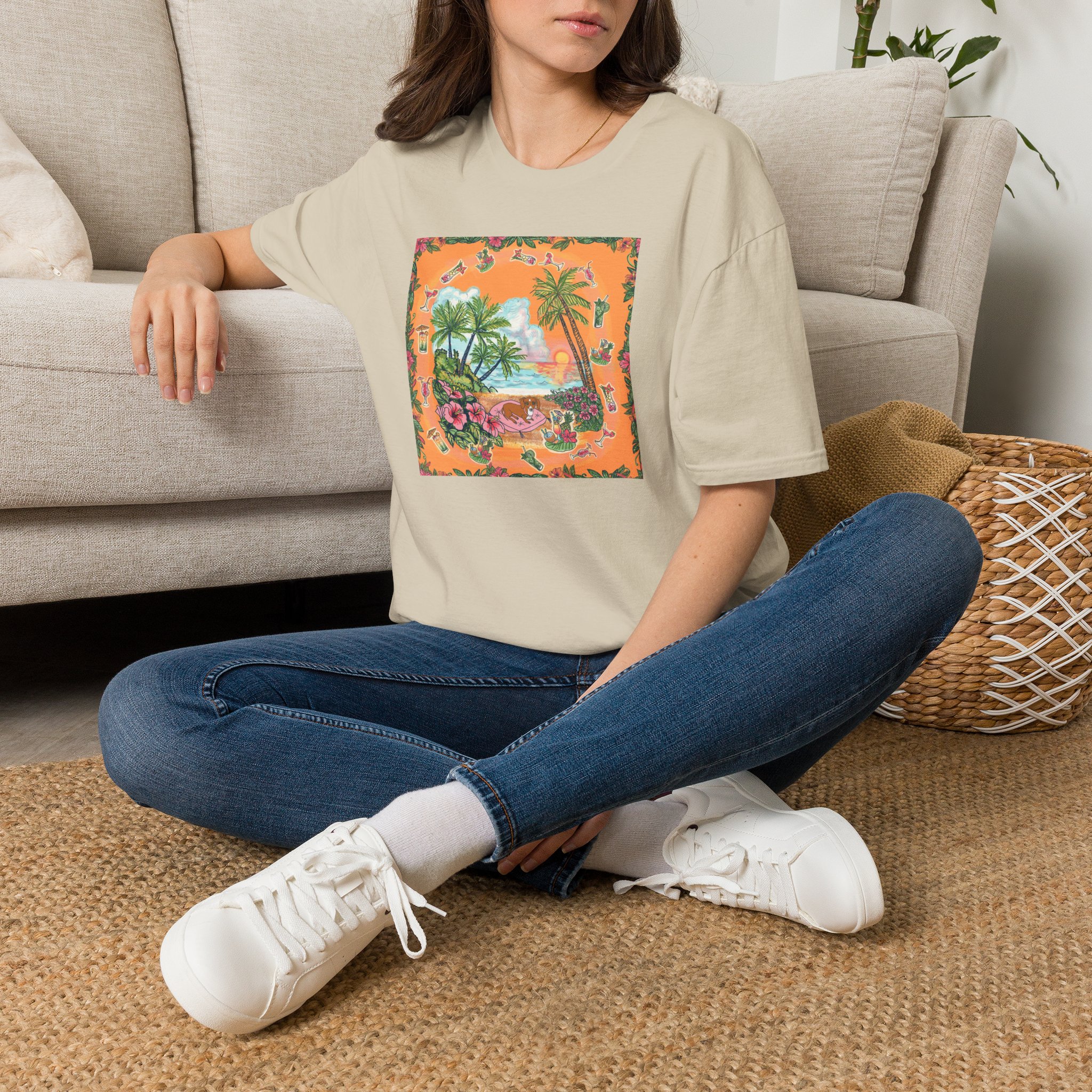 Girl Dachshund on a Tropical Sunset Beach T-Shirt — Vintage Beach Floral Graphic - Image 2