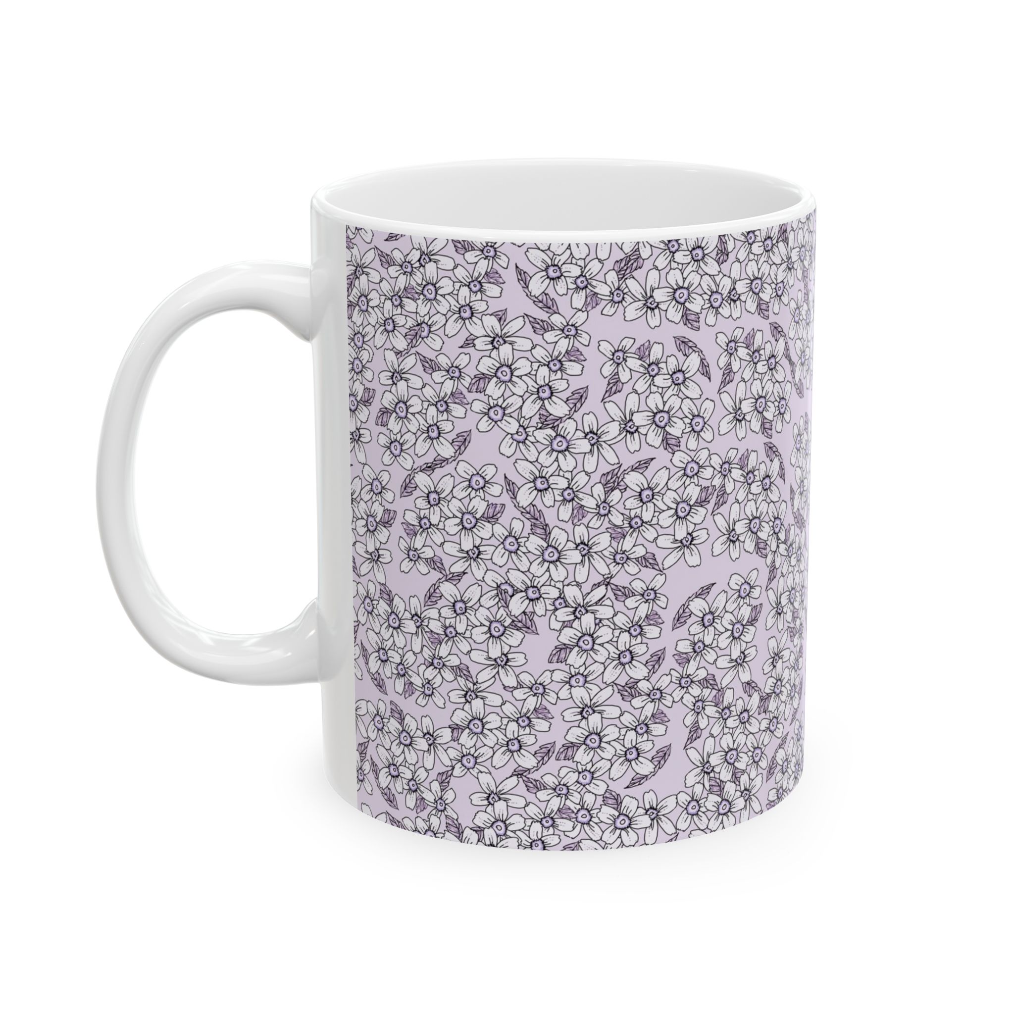 Floral Ditsy Pattern Ceramic Mug — Lavender Tiny Flowers Coffee Cup (11oz/15oz)