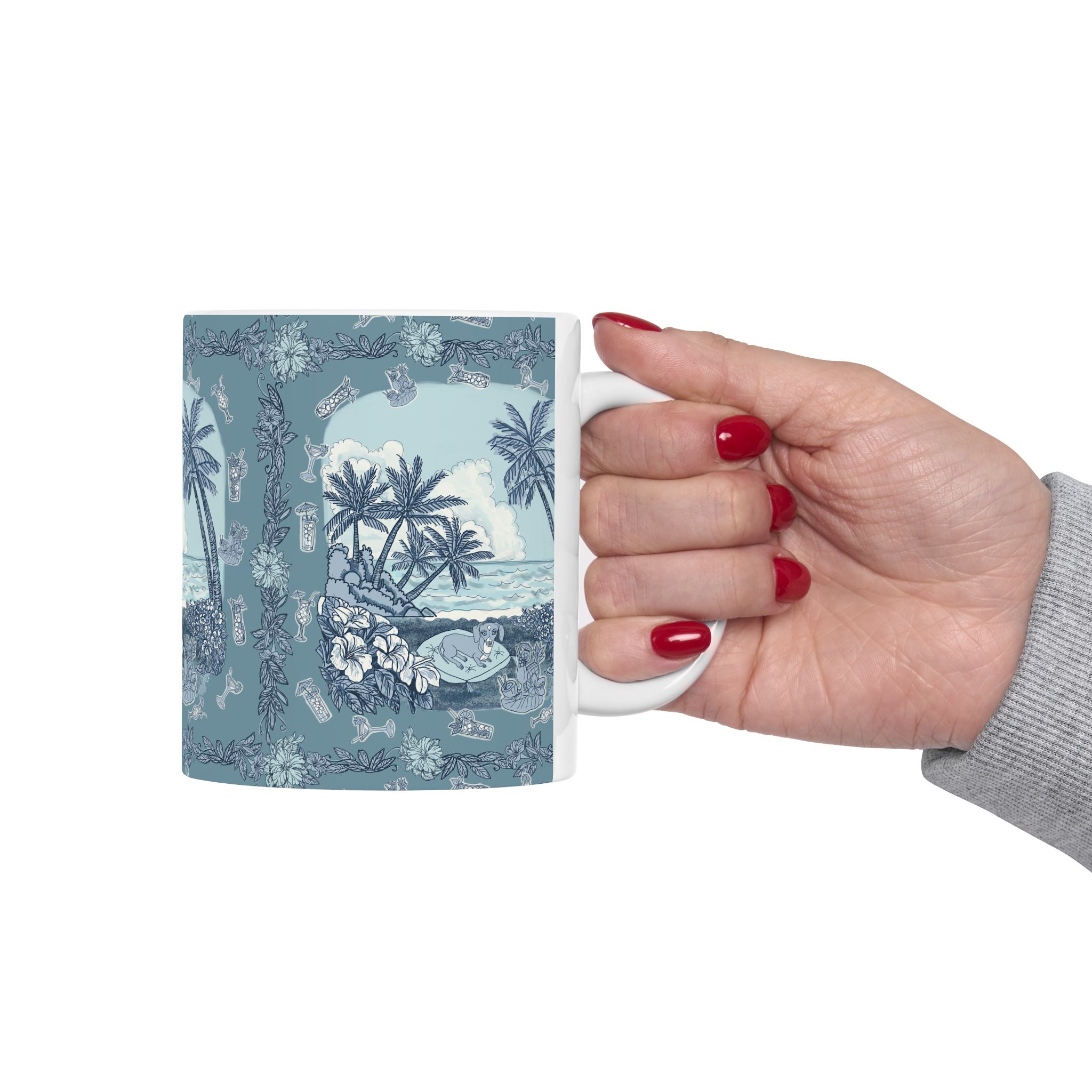 Dachshund on a Tropical Beach Ceramic Mug – Vintage Palm Tree Ocean Scene (11oz & 15oz) - Image 3