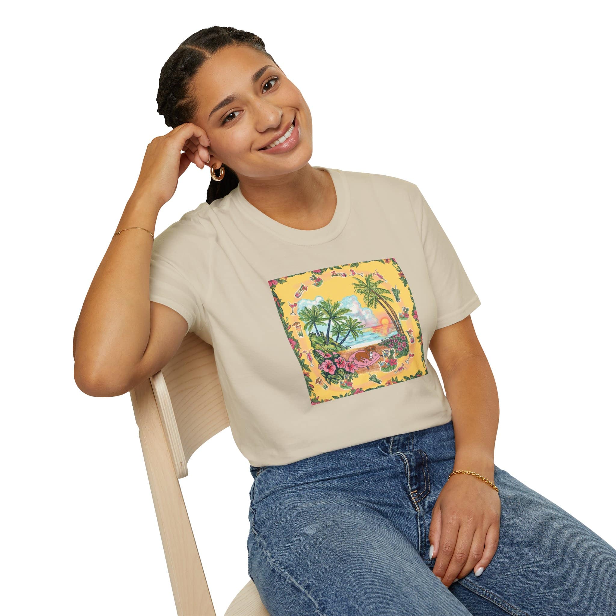 Girl Dachshund on a Tropical Sunset Beach T-Shirt — Vintage Beach Floral Graphic - Image 36