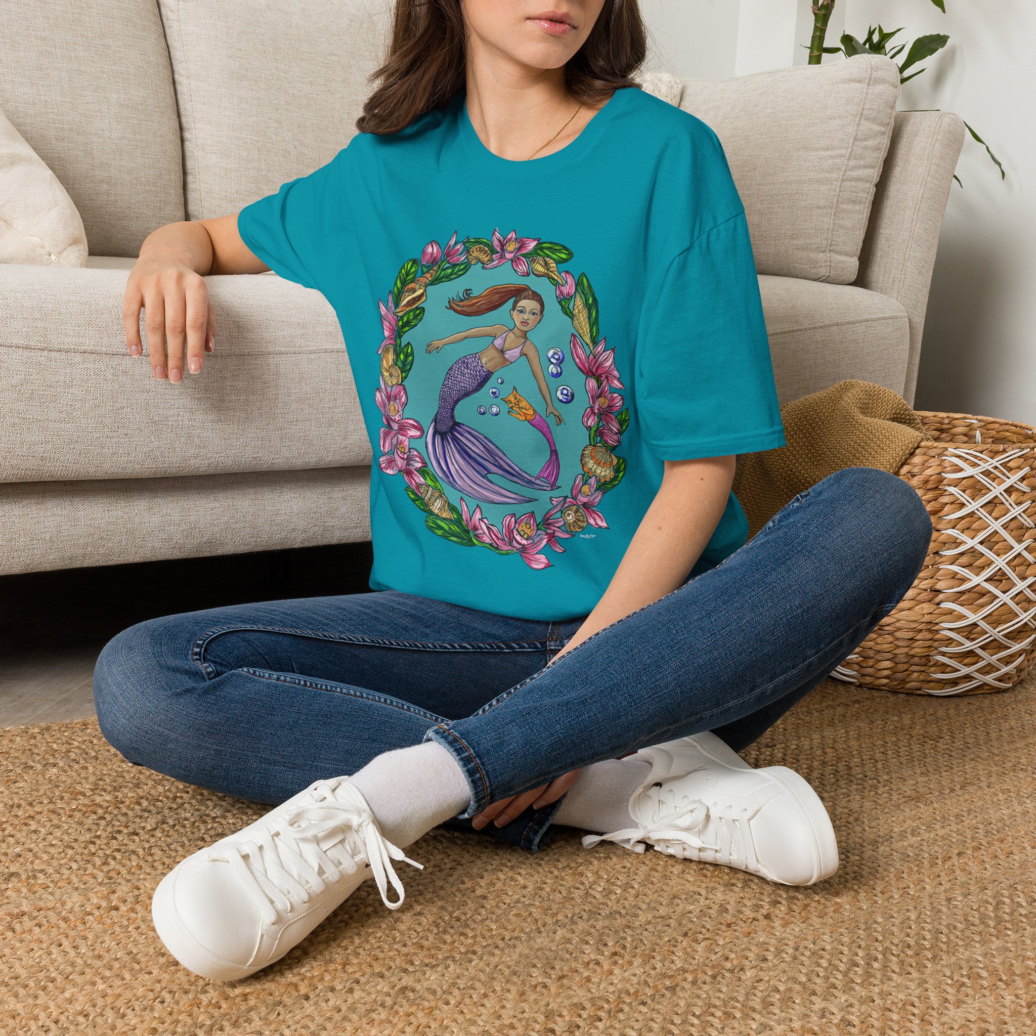 Mercat with Mermaid Beach Vibes T-Shirt — Tropical Floral Ocean Graphic - Image 29