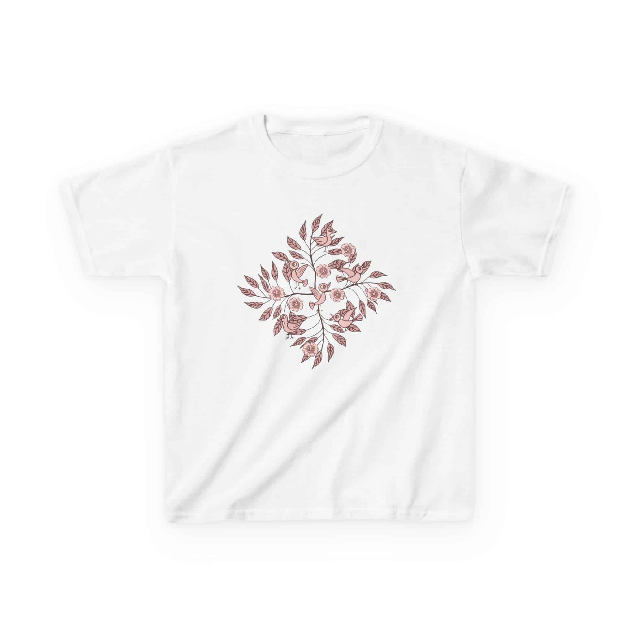 Kids Tee — Pink Watercolor Bird & Leaf Floral Design - Image 4