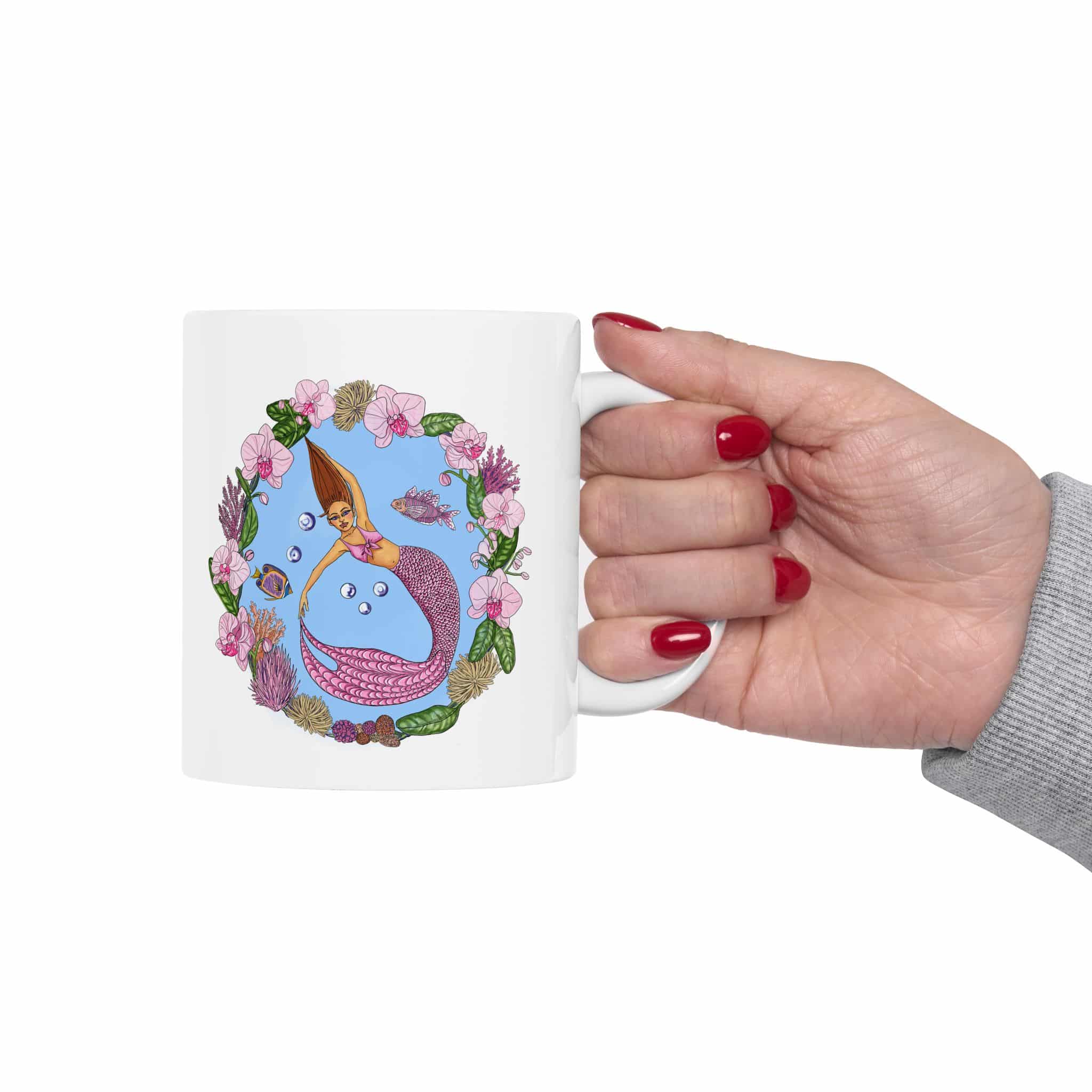 Floral Dancing Mermaid Ceramic Mug (11oz, 15oz) — Boho Floral Coffee Cup Gift - Image 3