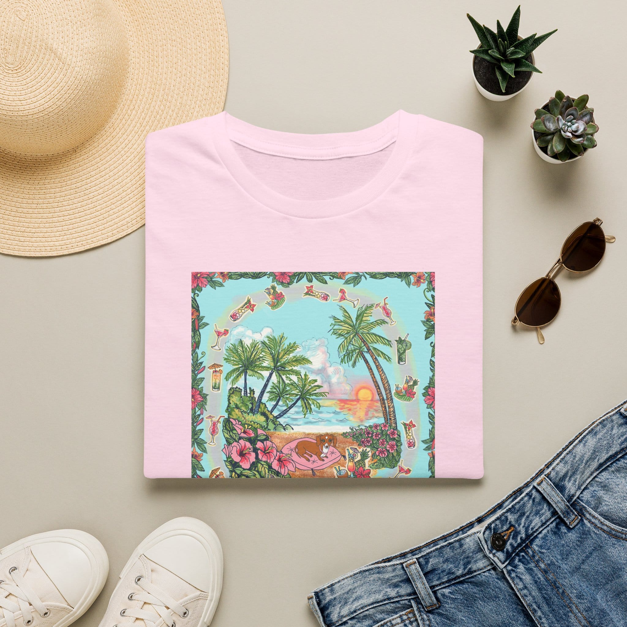Dachshund on a Tropical Sunset Beach T-Shirt — Vintage Beach Floral Graphic - Image 4