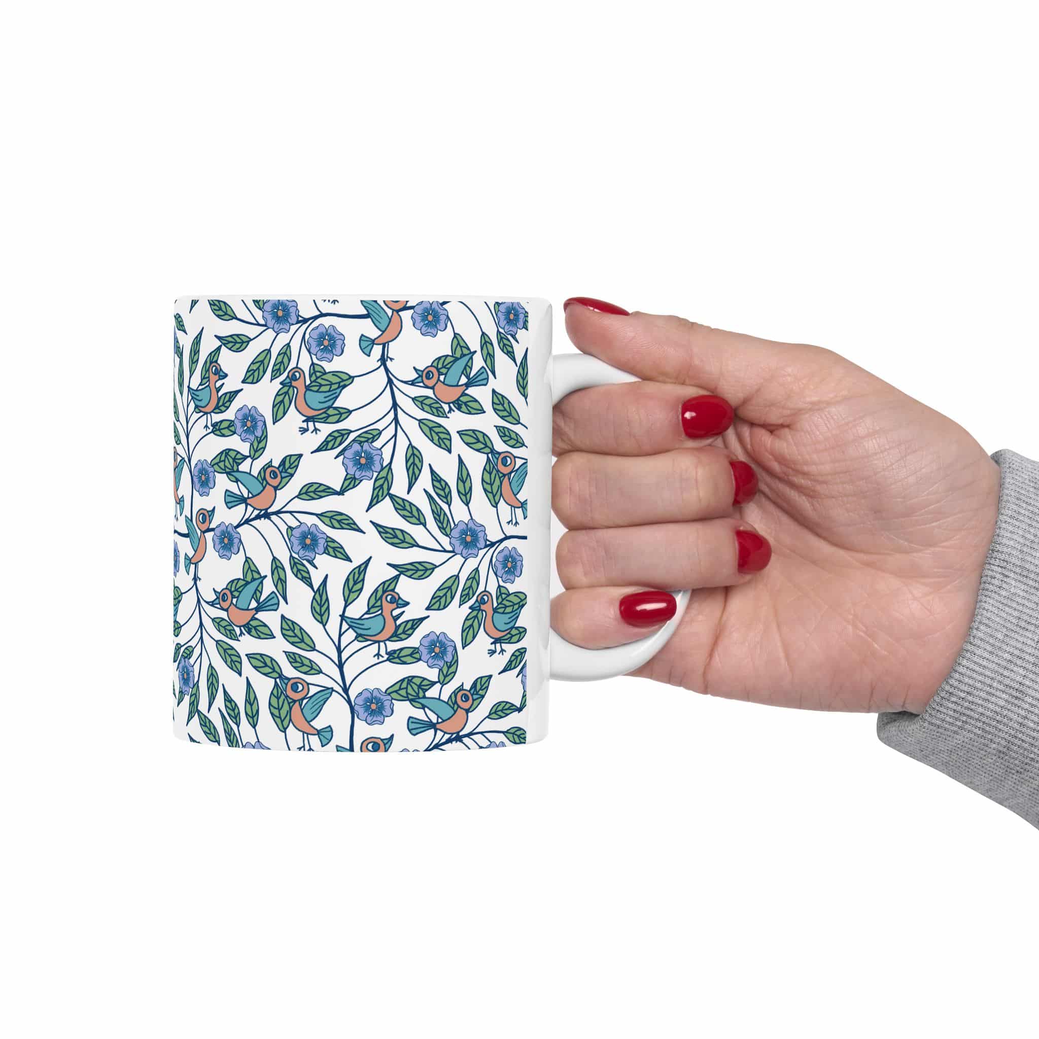 Floral Bird Pattern Ceramic Mug — Blue & Green Botanical 11oz/15oz - Image 3