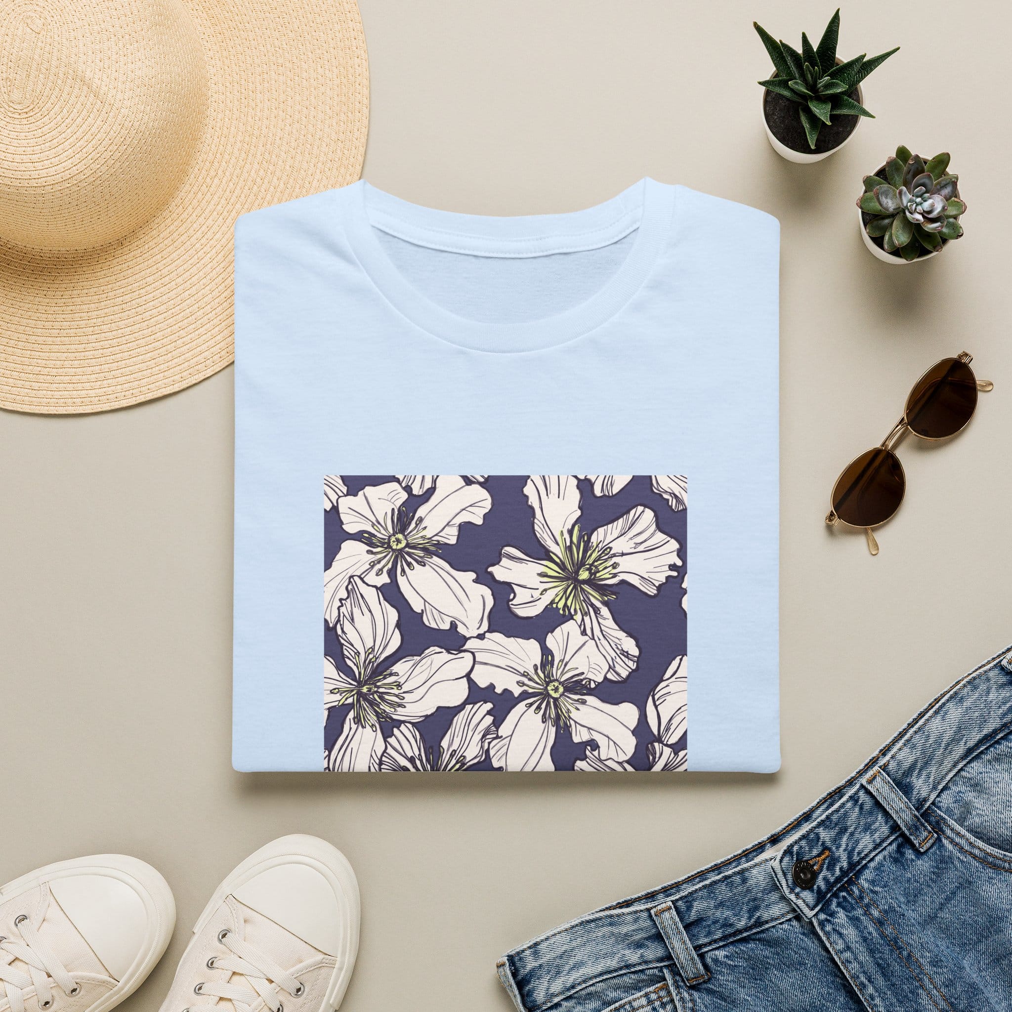 Floral Square Tee — White Clematis Print T-Shirt