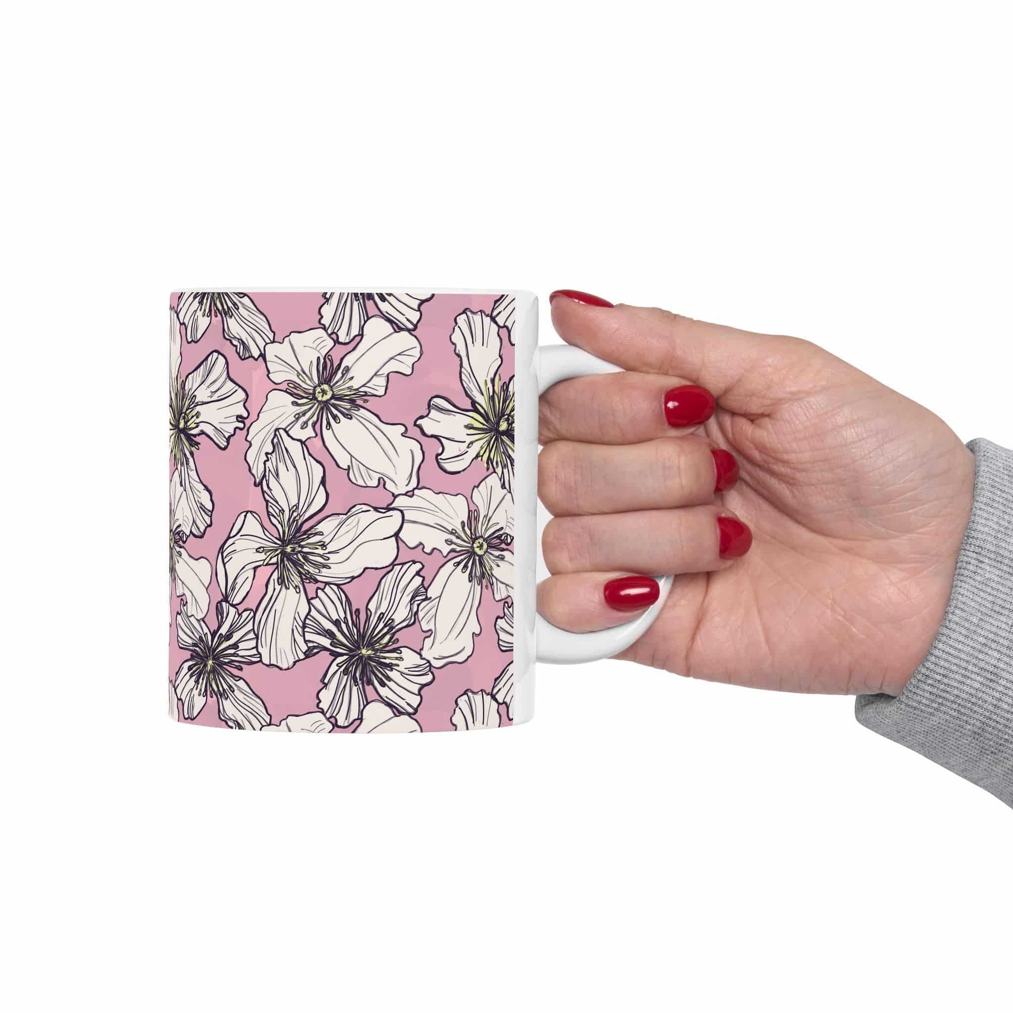 Pink Floral Ceramic Mug – White Clematis Pattern Tea & Coffee Cup (11oz, 15oz) - Image 3