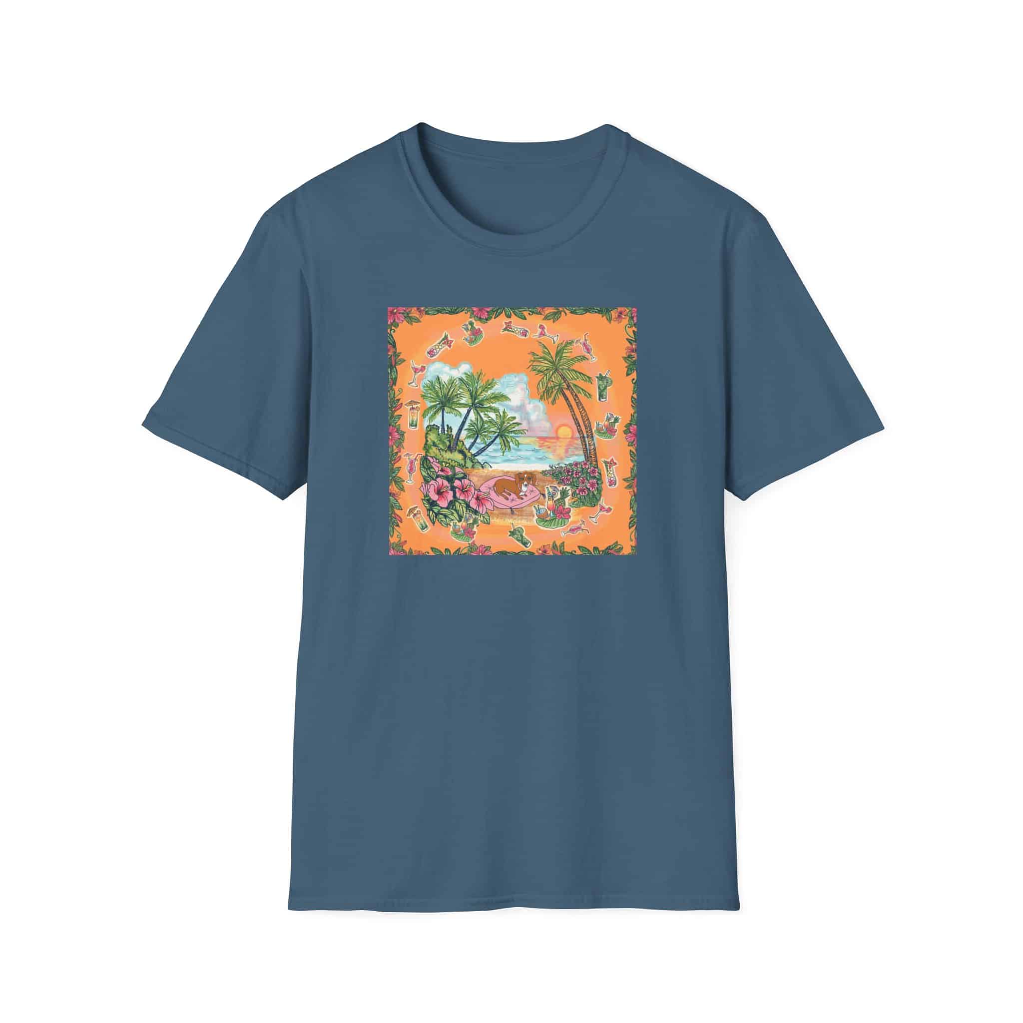 Girl Dachshund on a Tropical Sunset Beach T-Shirt — Vintage Beach Floral Graphic - Image 40