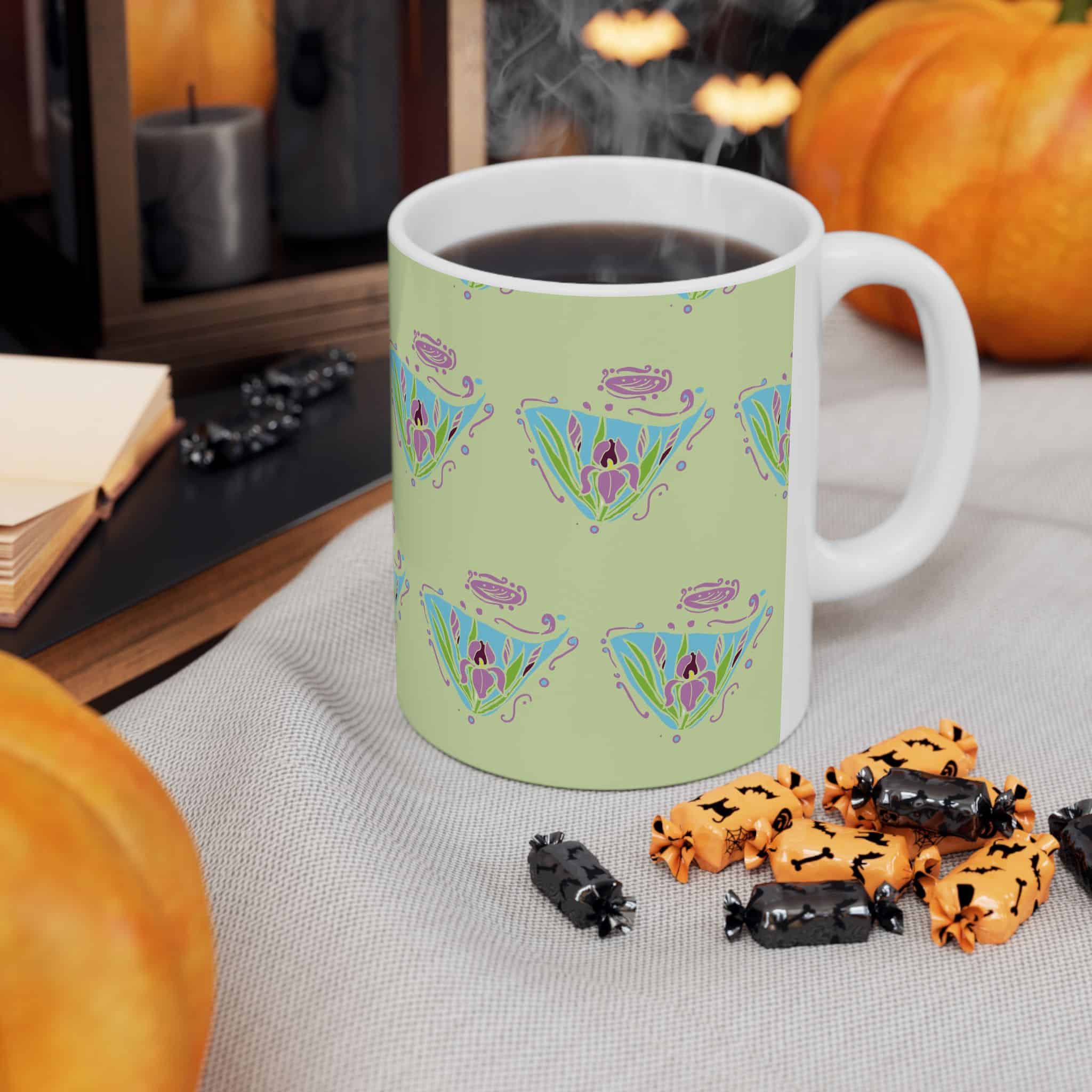 Pastel Floral Art Nouveau Diamond Pattern Ceramic Mug — Cute Botanical Tea & Coffee Cup (11oz, 15oz) - Image 4