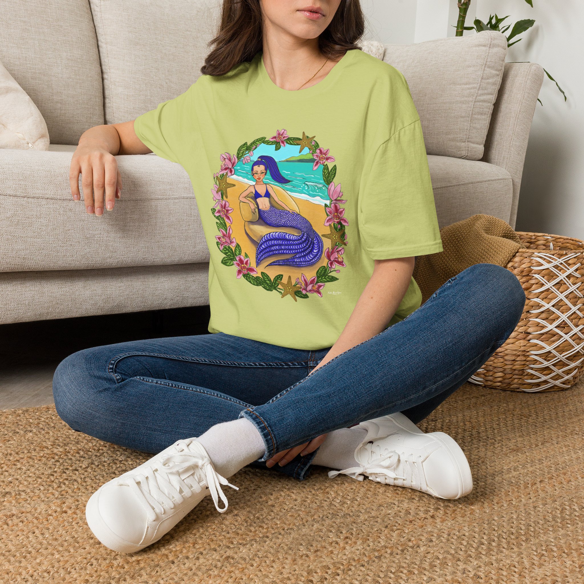 Blue-Haired Mermaid Beach Vibes T-Shirt — Tropical Floral Ocean Graphic - Image 17