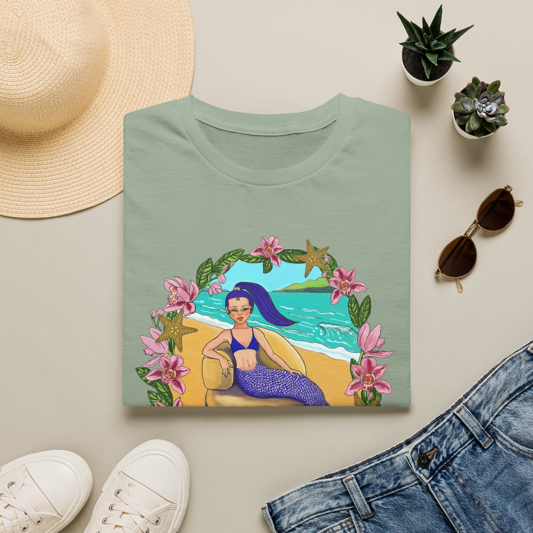 Blue-Haired Mermaid Beach Vibes T-Shirt — Tropical Floral Ocean Graphic - Image 19
