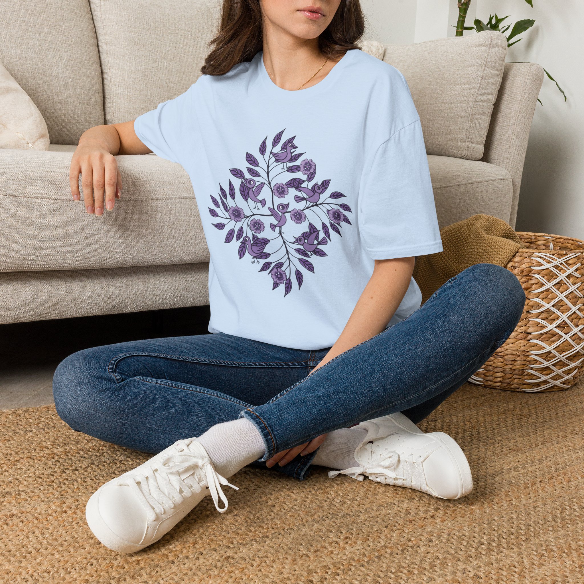 Floral Bird Tee — Purple Botanical Branch Graphic T-Shirt - Image 5
