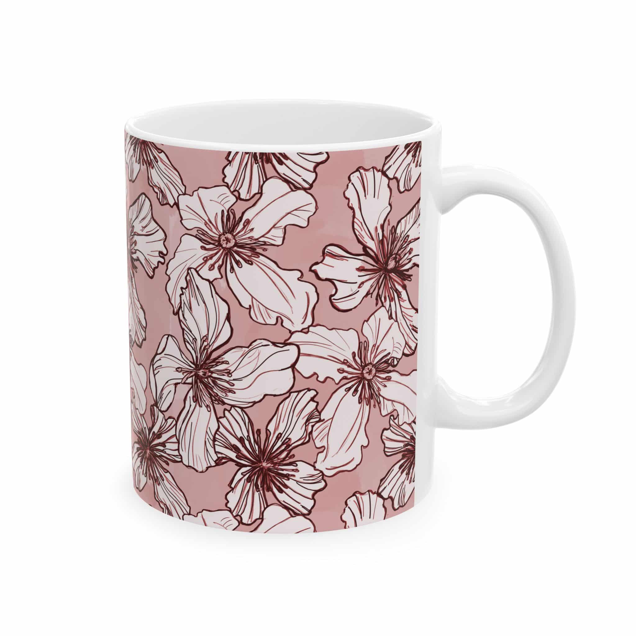 Blush Floral Ceramic Mug — Pink Hand-Drawn Clematis Flower Coffee Cup (11oz & 15oz) - Image 2
