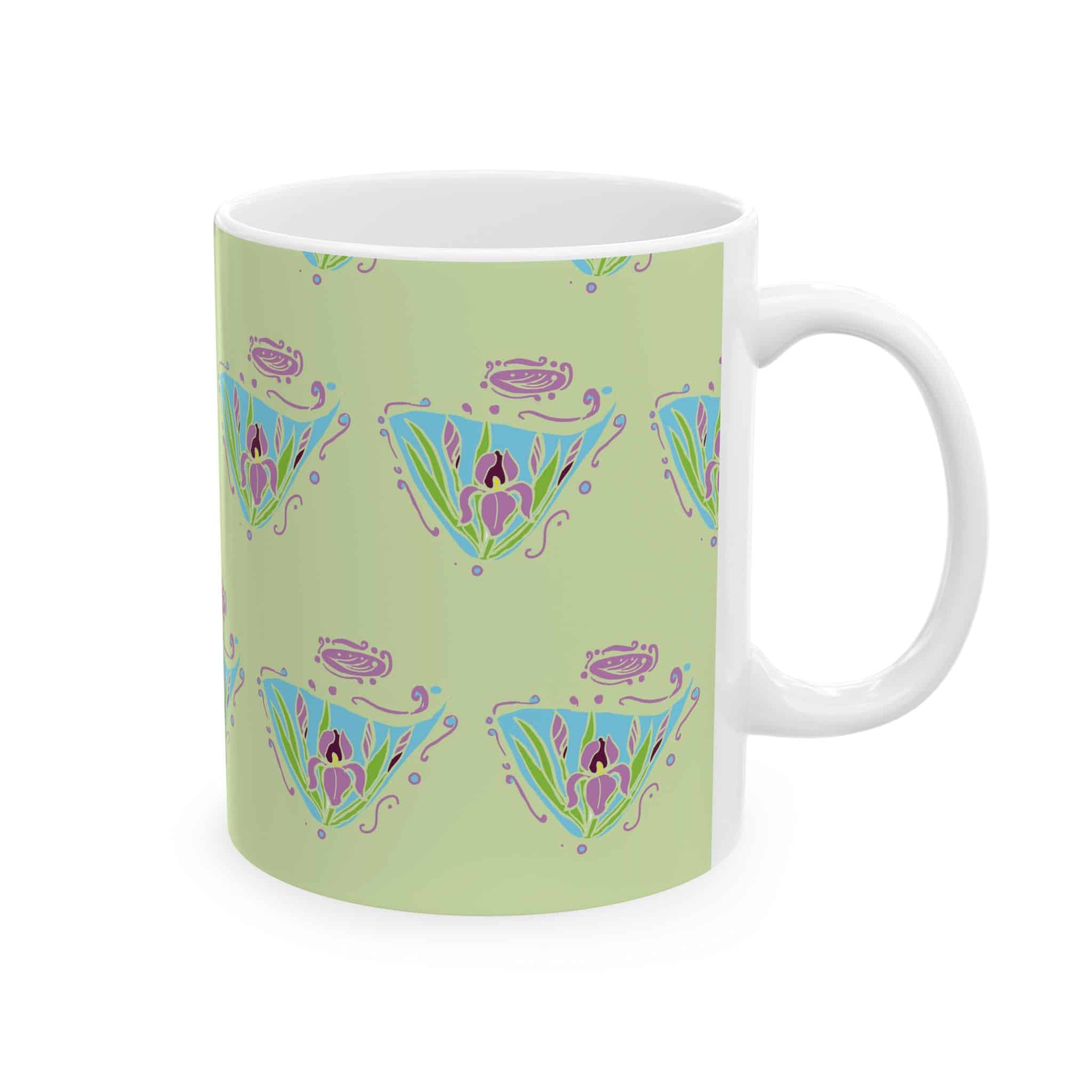 Pastel Floral Art Nouveau Diamond Pattern Ceramic Mug — Cute Botanical Tea & Coffee Cup (11oz, 15oz) - Image 2