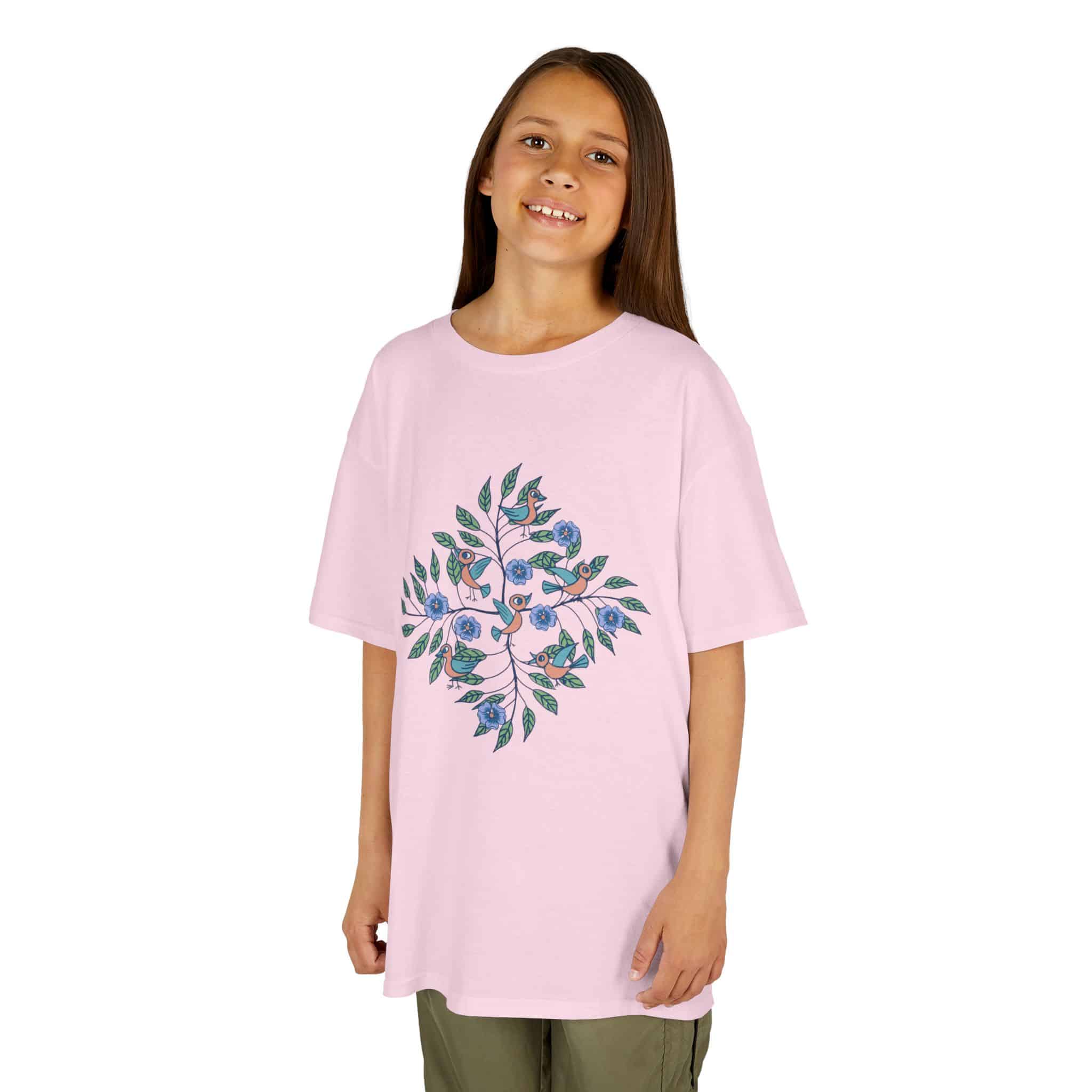 Kids Tee — Stick Figure Birds Floral Leaf Diamond Graphic - Image 3