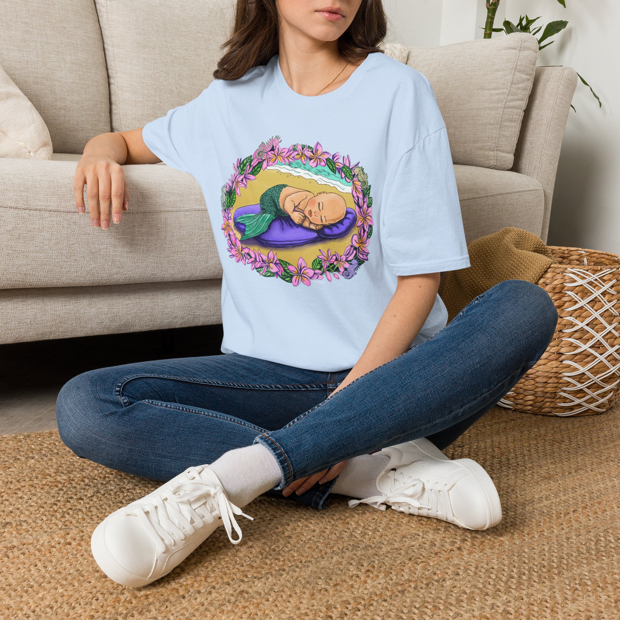Mer-Toddler Napping on the Beach T-Shirt — Tropical Floral Ocean Graphic - Image 5