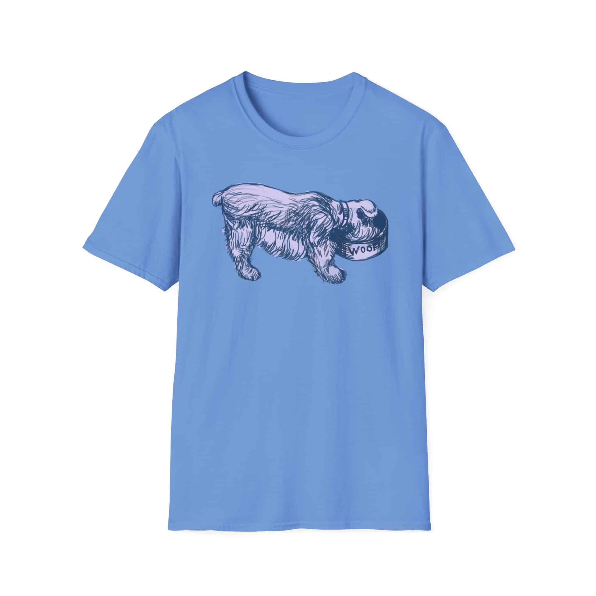 Quirky Vintage Pup Illustration T-Shirt — 'Woof' Dog Bowl Graphic - Image 18