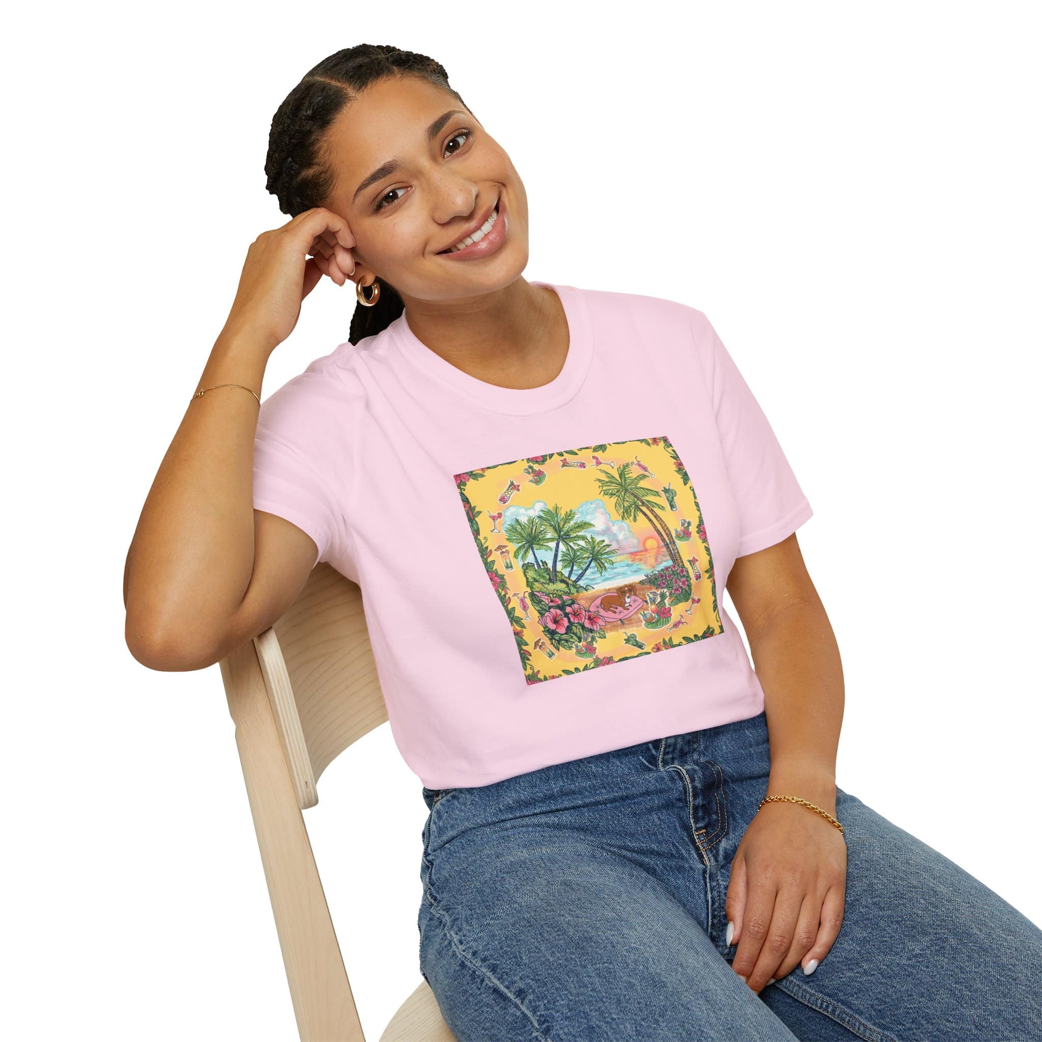 Girl Dachshund on a Tropical Sunset Beach T-Shirt — Vintage Beach Floral Graphic - Image 12