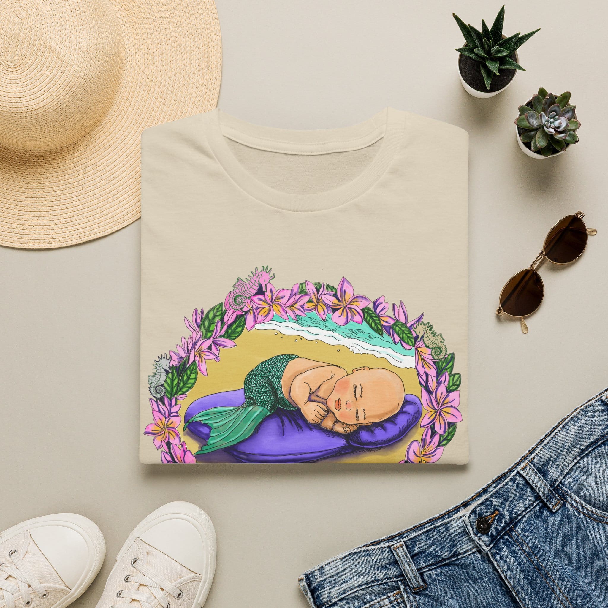 Mer-Toddler Napping on the Beach T-Shirt — Tropical Floral Ocean Graphic - Image 17