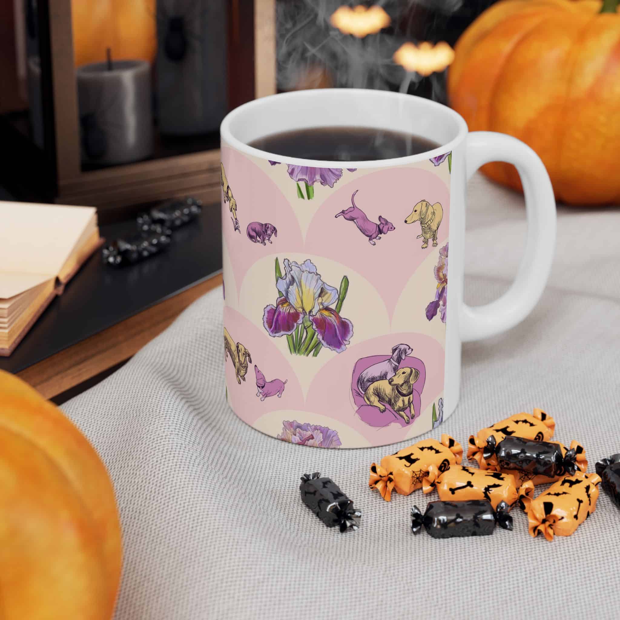 Iris & Dachshund Ceramic Mug – Pink Floral Dog Pattern (11oz, 15oz) - Image 4