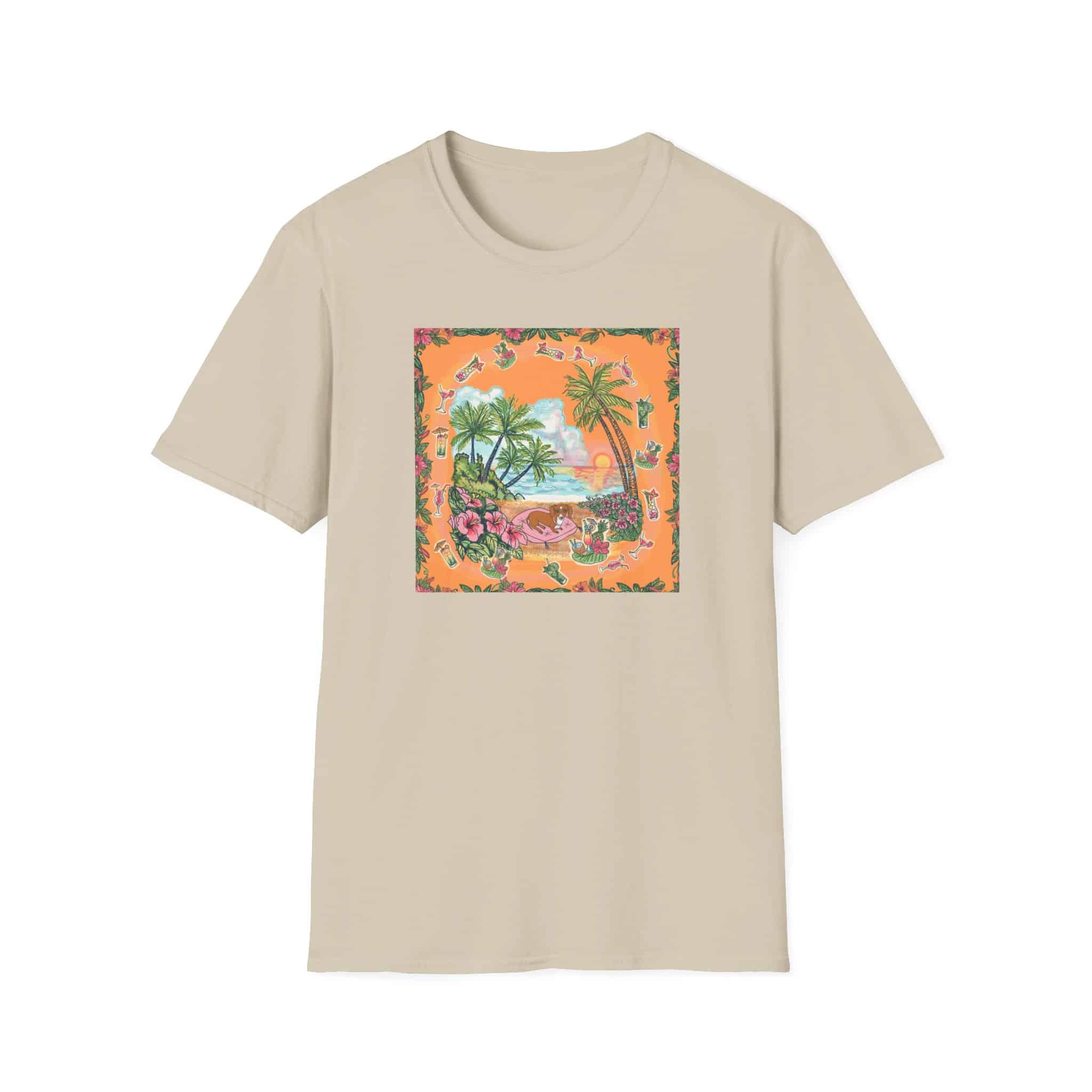 Girl Dachshund on a Tropical Sunset Beach T-Shirt — Vintage Beach Floral Graphic - Image 3