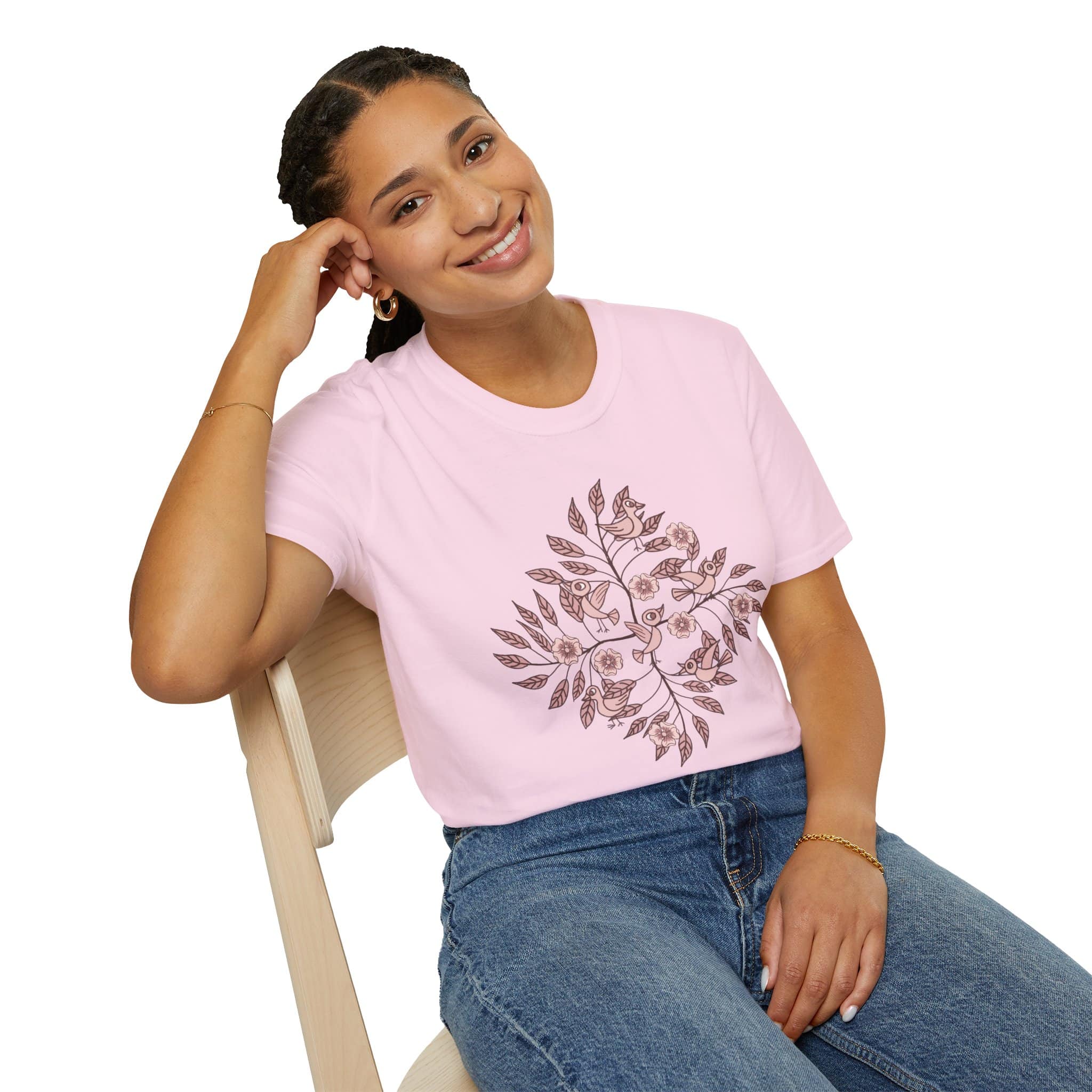 Floral Bird Branch T‑Shirt — Vintage Rose Botanical Graphic Tee - Image 3