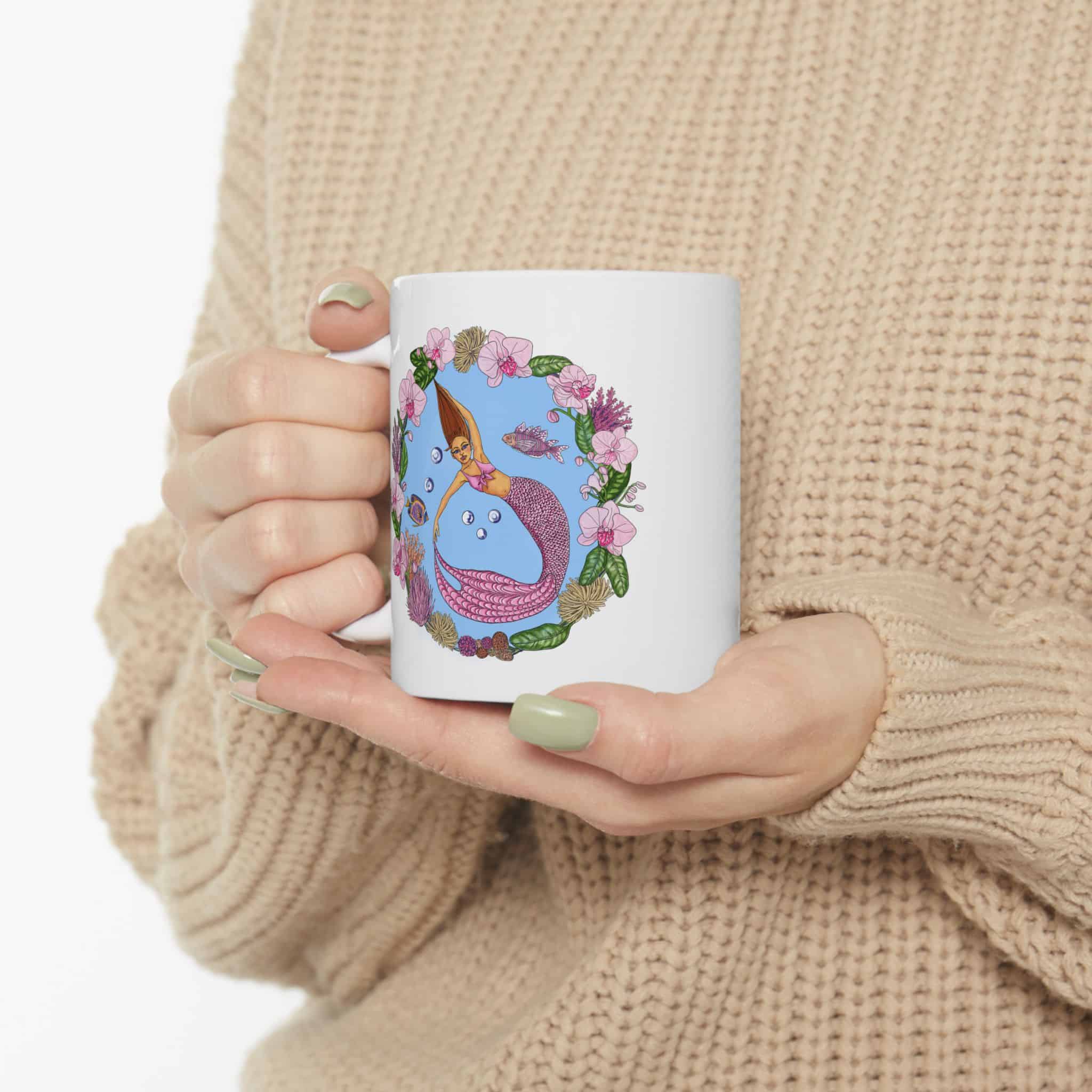 Floral Dancing Mermaid Ceramic Mug (11oz, 15oz) — Boho Floral Coffee Cup Gift - Image 5