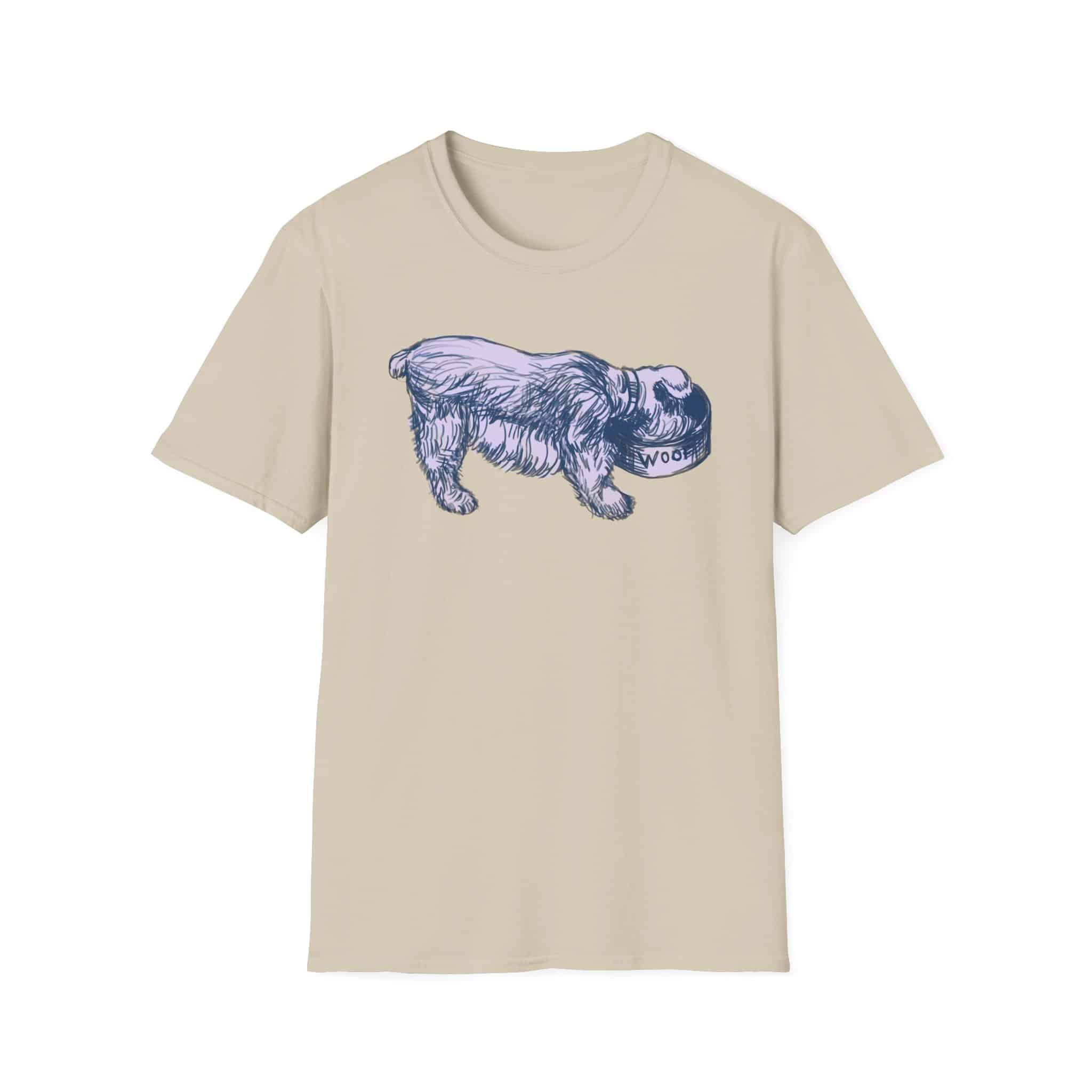 Quirky Vintage Pup Illustration T-Shirt — 'Woof' Dog Bowl Graphic - Image 24