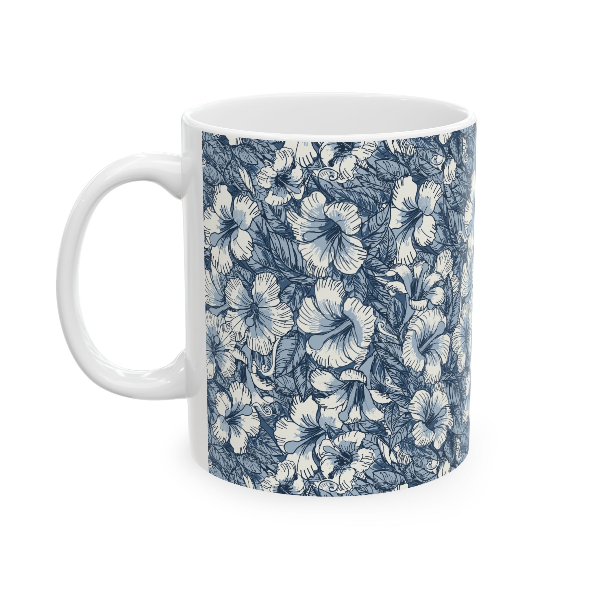 Blue Floral Ceramic Mug — Hand-Drawn Hibiscus Pattern (11oz & 15oz)
