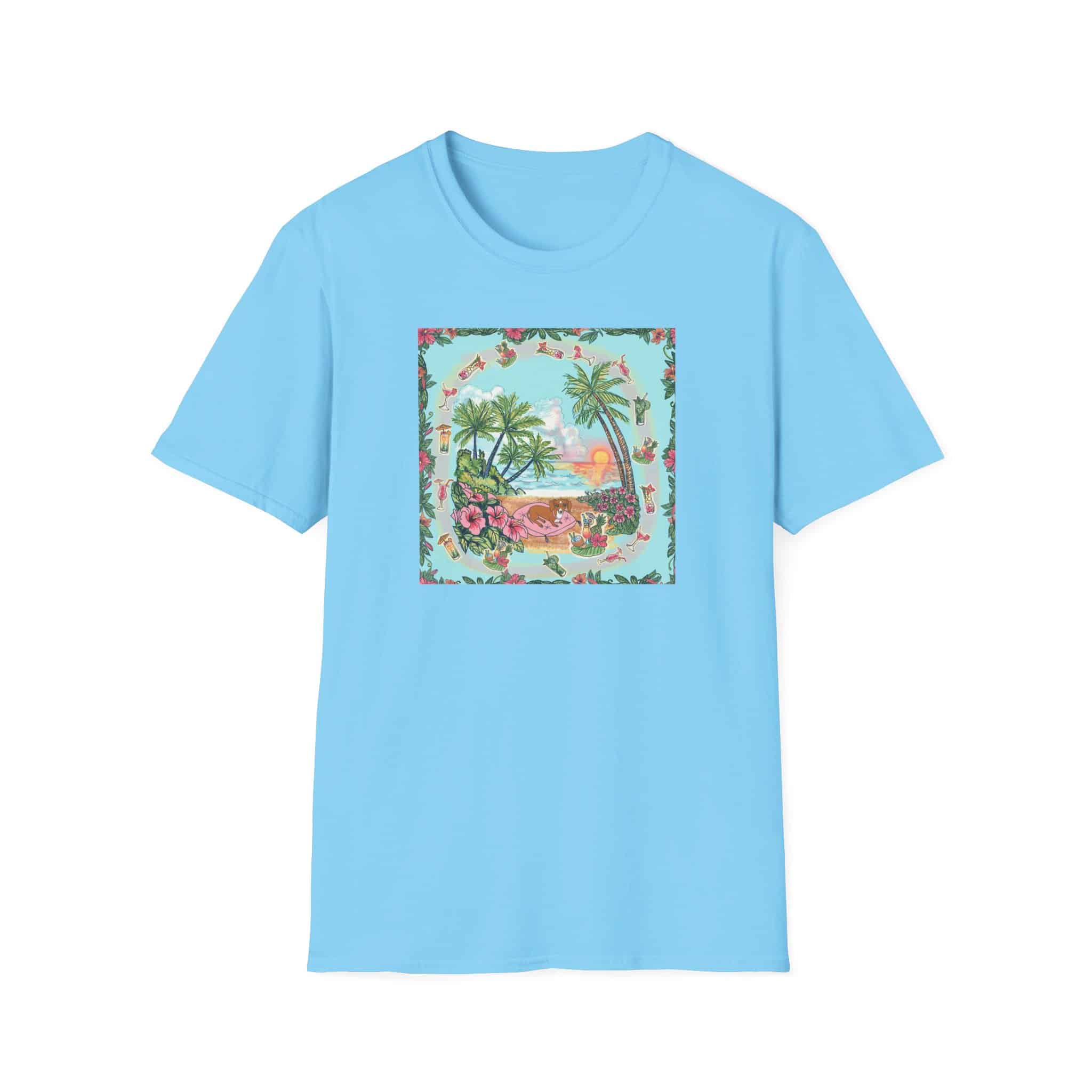 Dachshund on a Tropical Sunset Beach T-Shirt — Vintage Beach Floral Graphic - Image 35