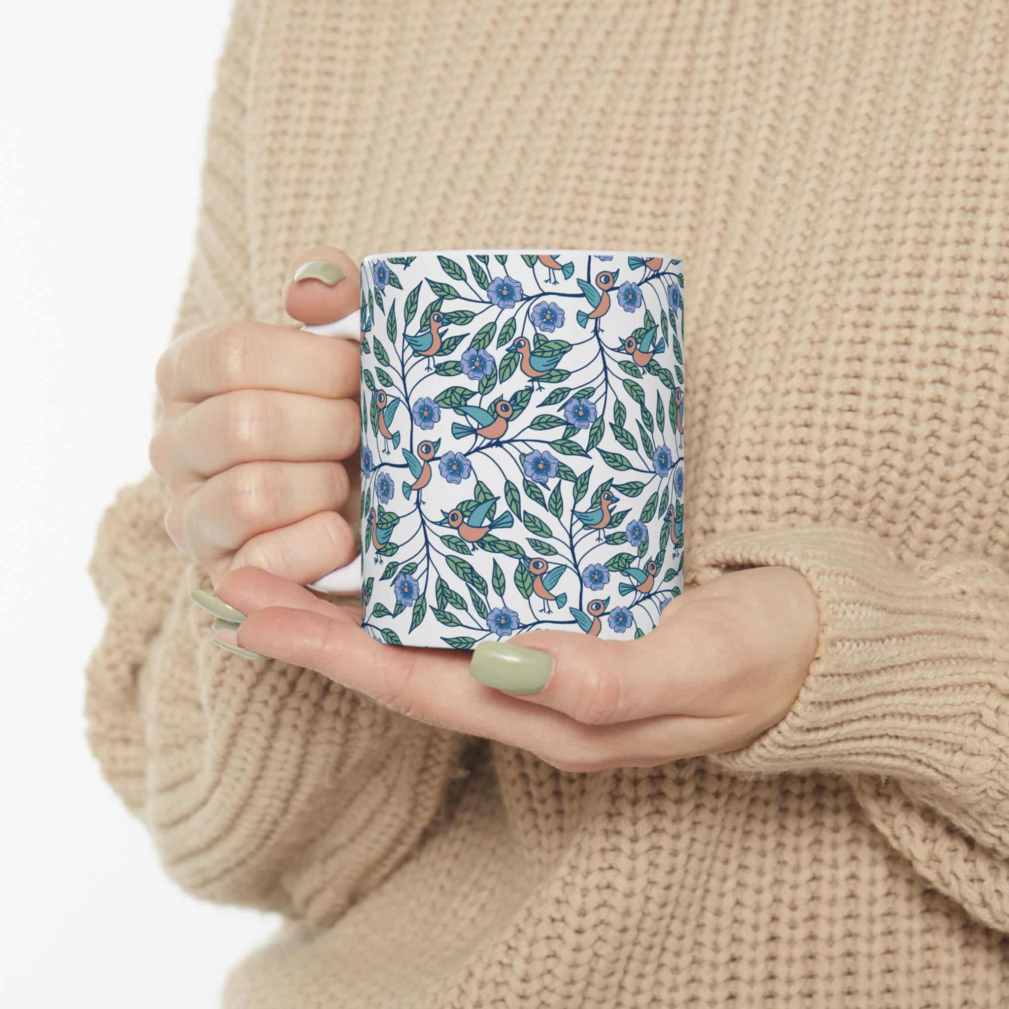 Floral Bird Pattern Ceramic Mug — Blue & Green Botanical 11oz/15oz - Image 5