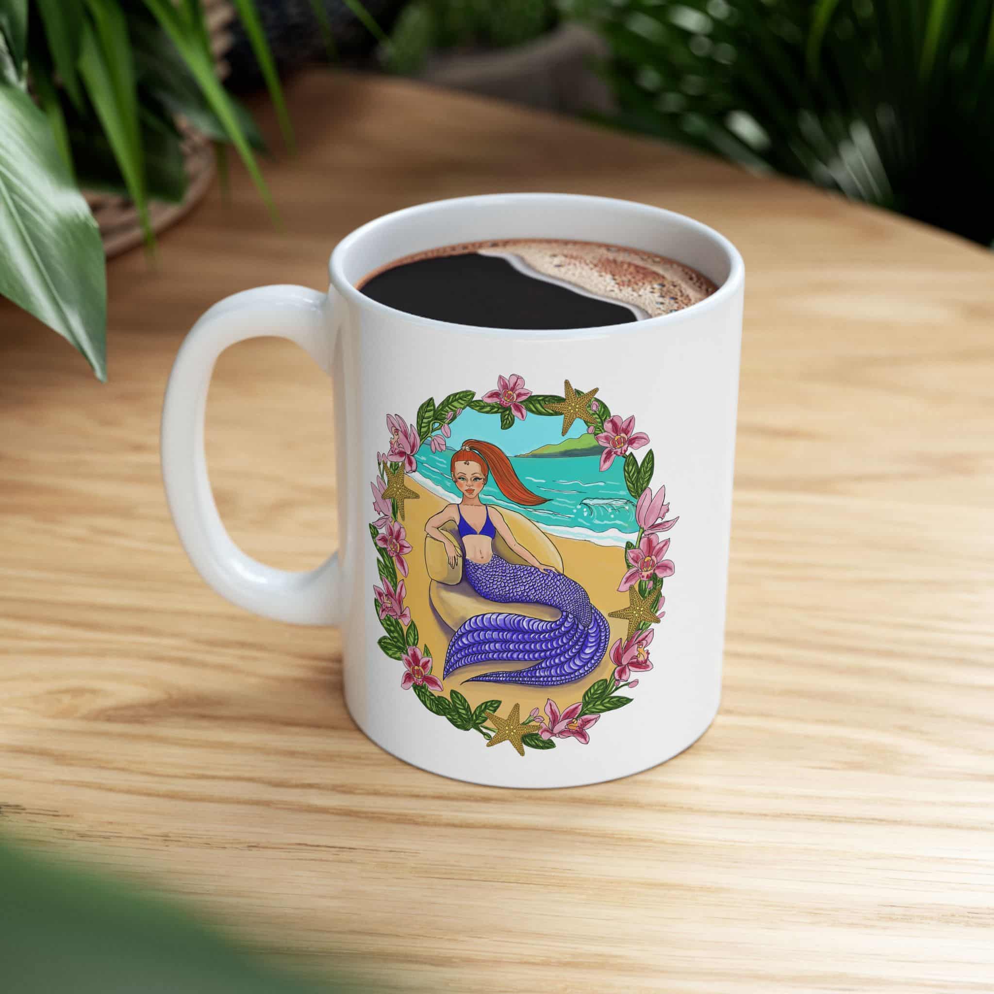 Floral Purple Tailed Mermaid Sisters Ceramic Mug (11oz, 15oz) - Image 5