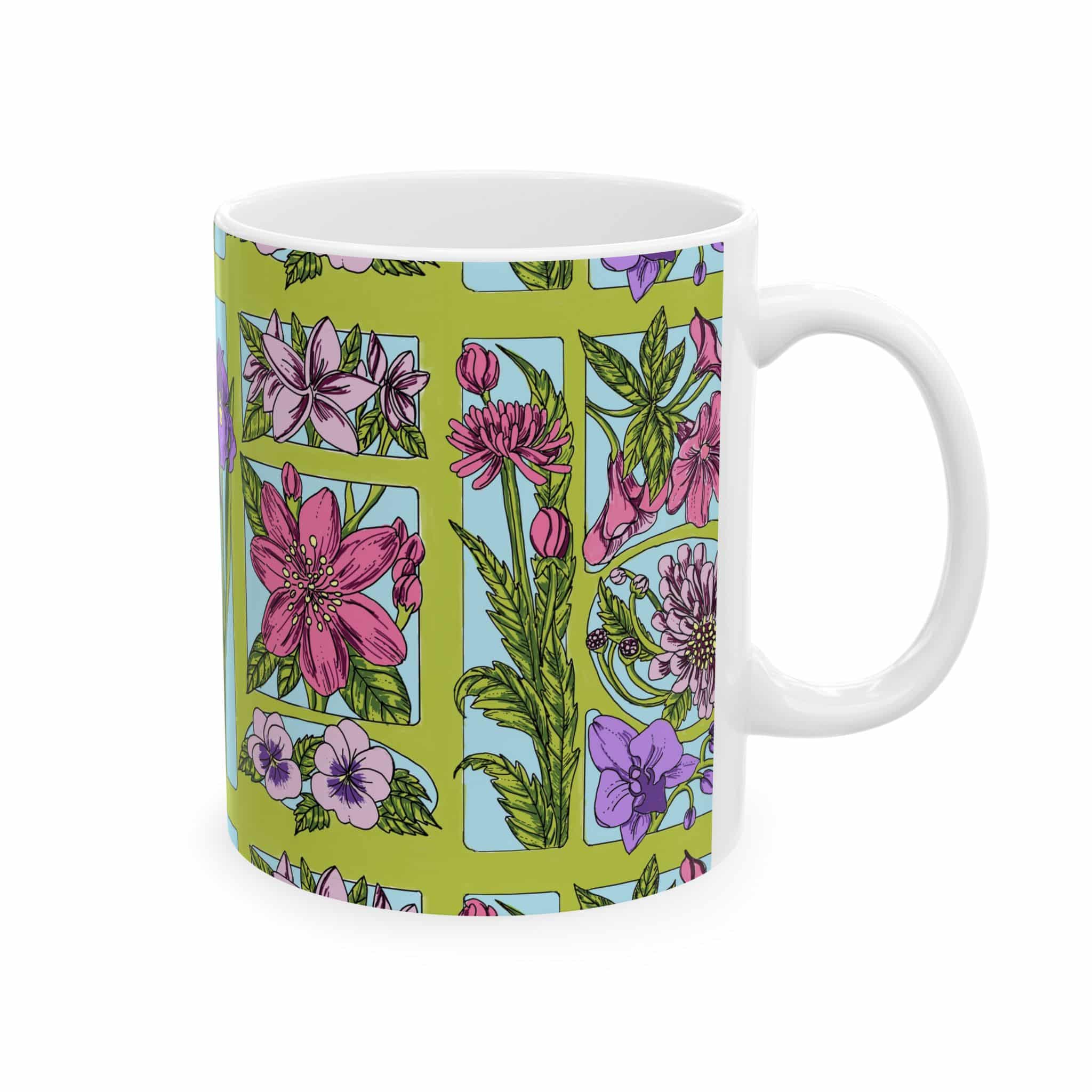 Botanical Patchwork Ceramic Mug — Floral Garden Coffee Cup (11oz/15oz) - Image 2