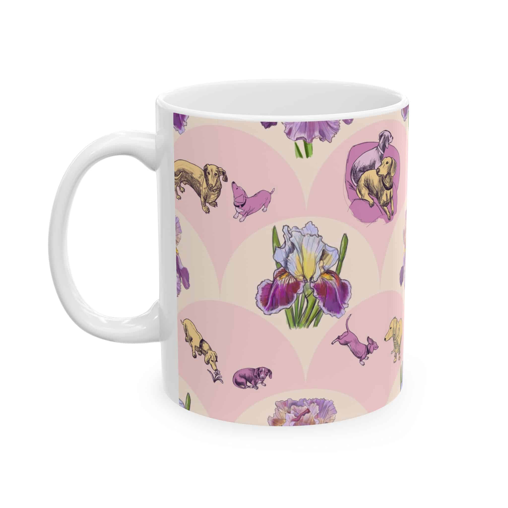 Iris & Dachshund Ceramic Mug – Pink Floral Dog Pattern (11oz, 15oz)