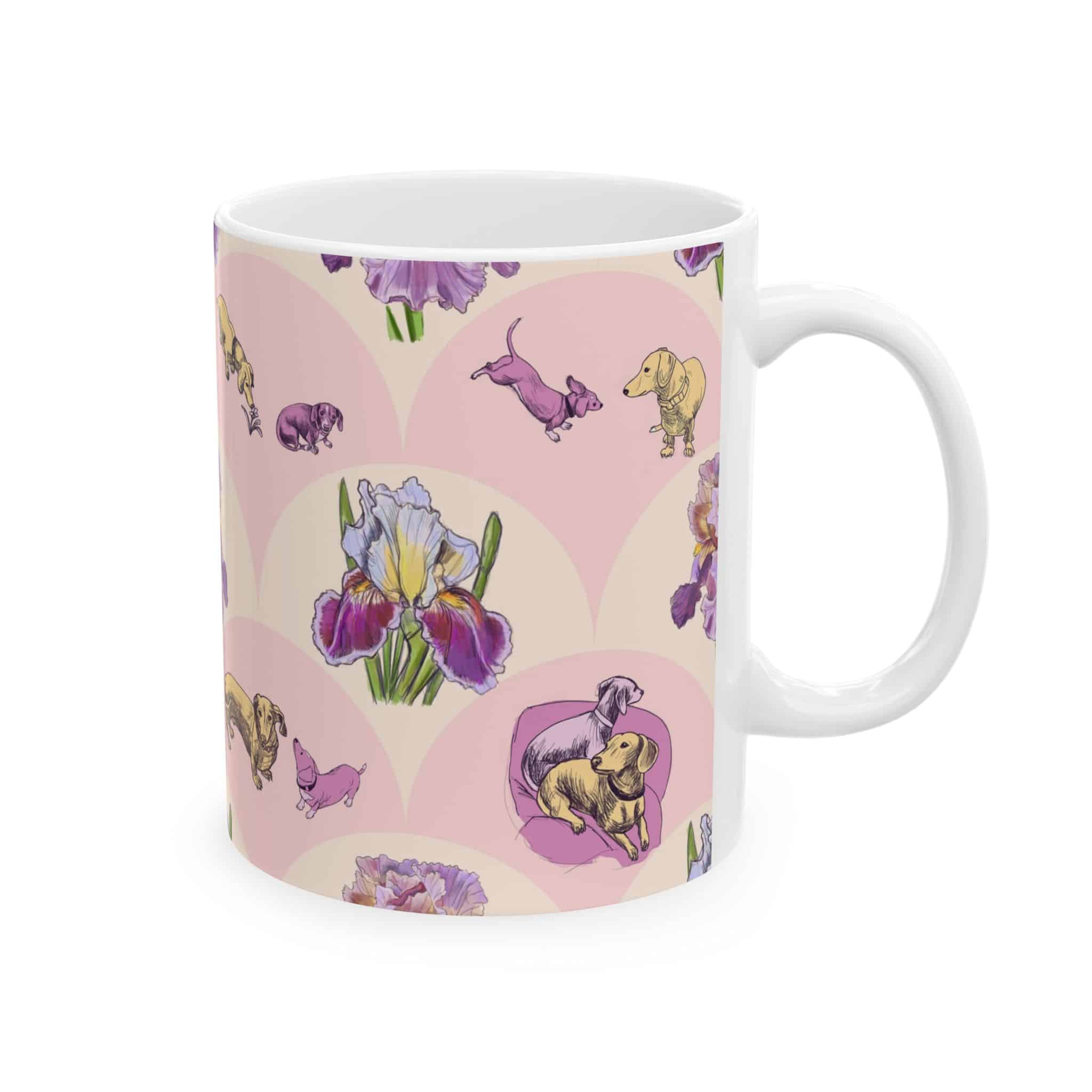 Iris & Dachshund Ceramic Mug – Pink Floral Dog Pattern (11oz, 15oz) - Image 2
