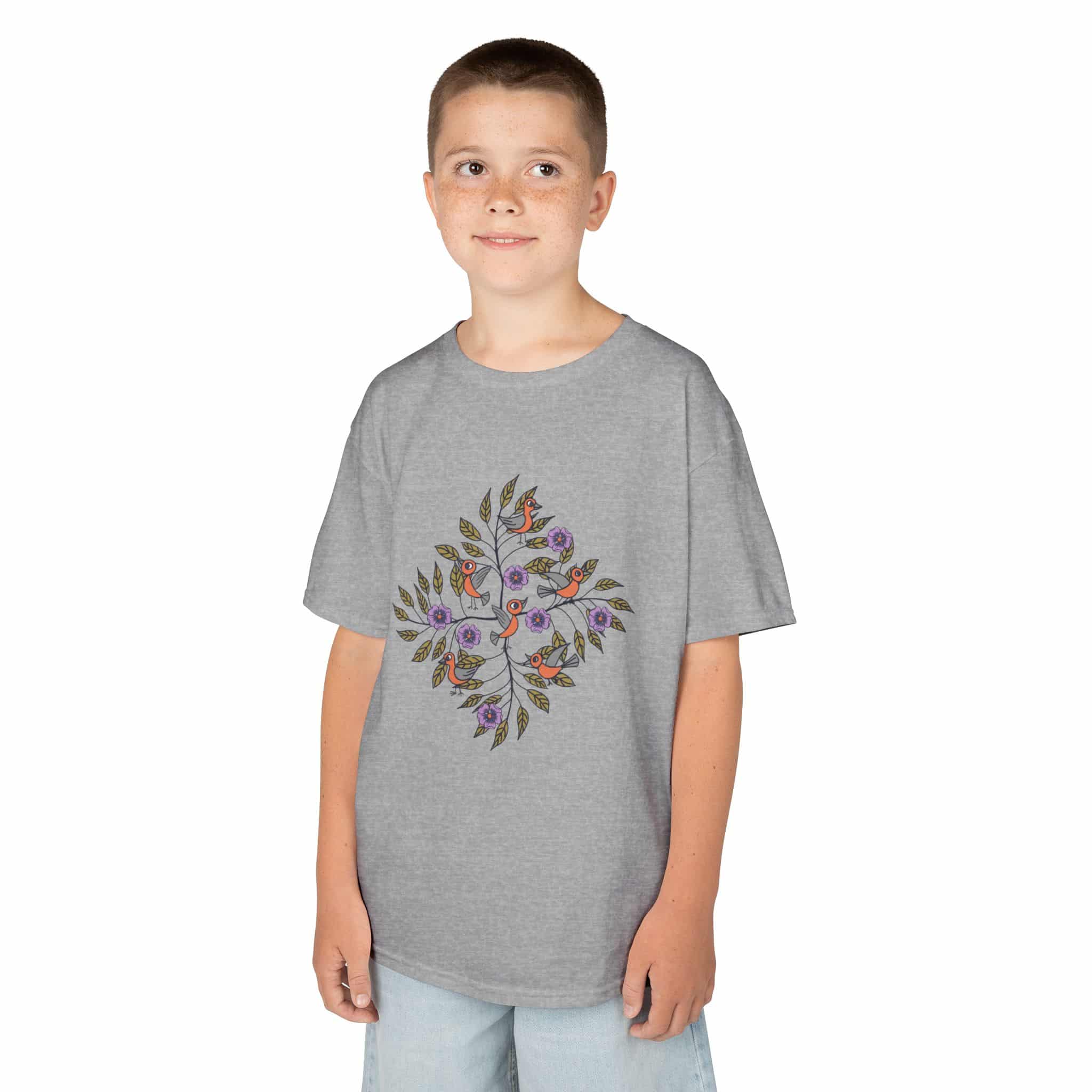 Kids T‑Shirt — Stick Figure Birds Floral Wreath Tee - Image 11