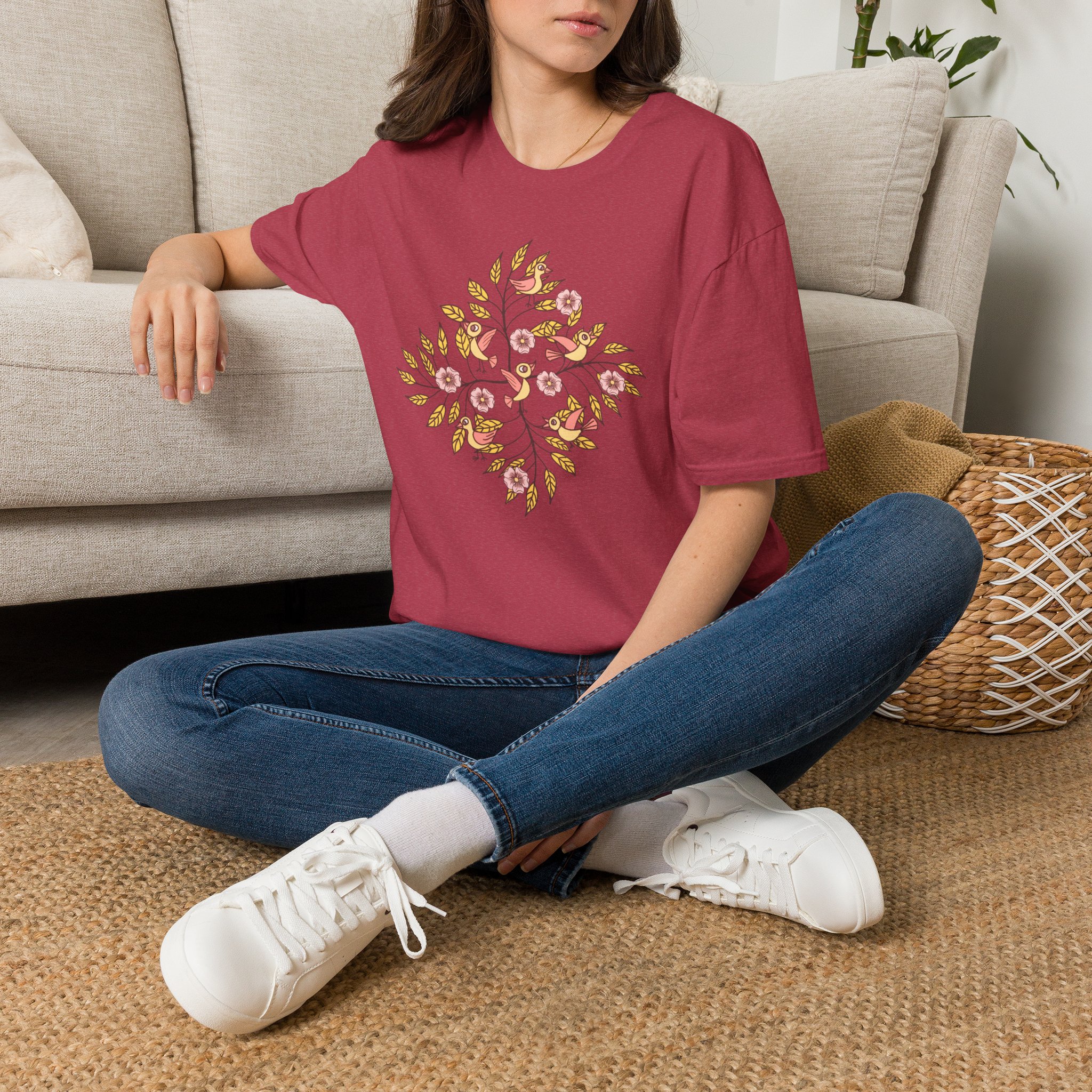 Floral Bird Tree T-Shirt — Boho Botanical Tee with Pink Blossoms - Image 22