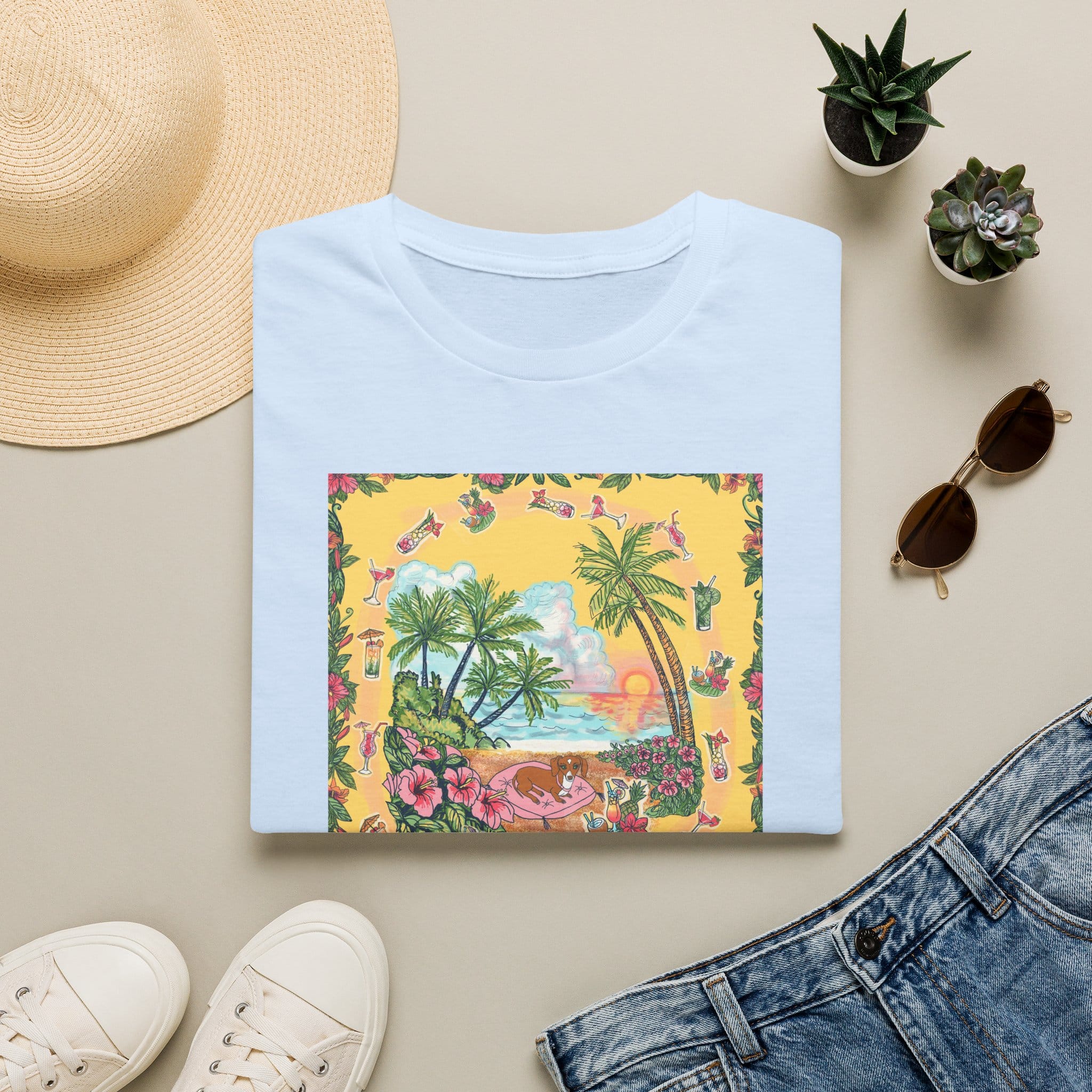 Girl Dachshund on a Tropical Sunset Beach T-Shirt — Vintage Beach Floral Graphic - Image 5