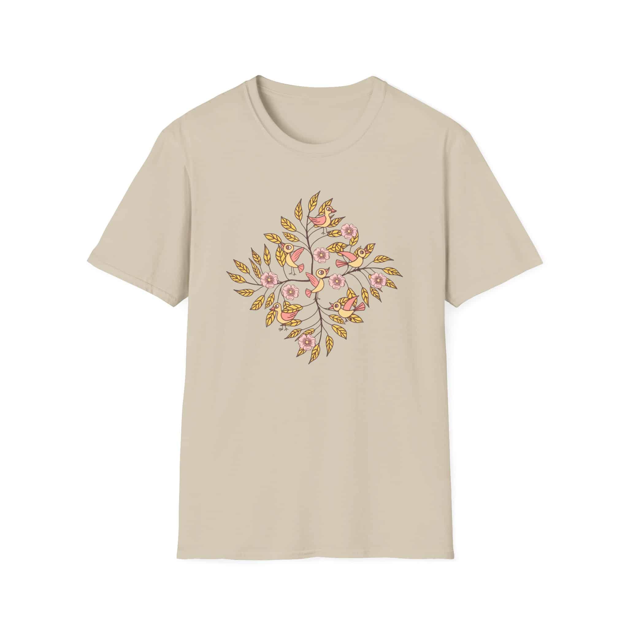 Floral Bird Tree T-Shirt — Boho Botanical Tee with Pink Blossoms - Image 3