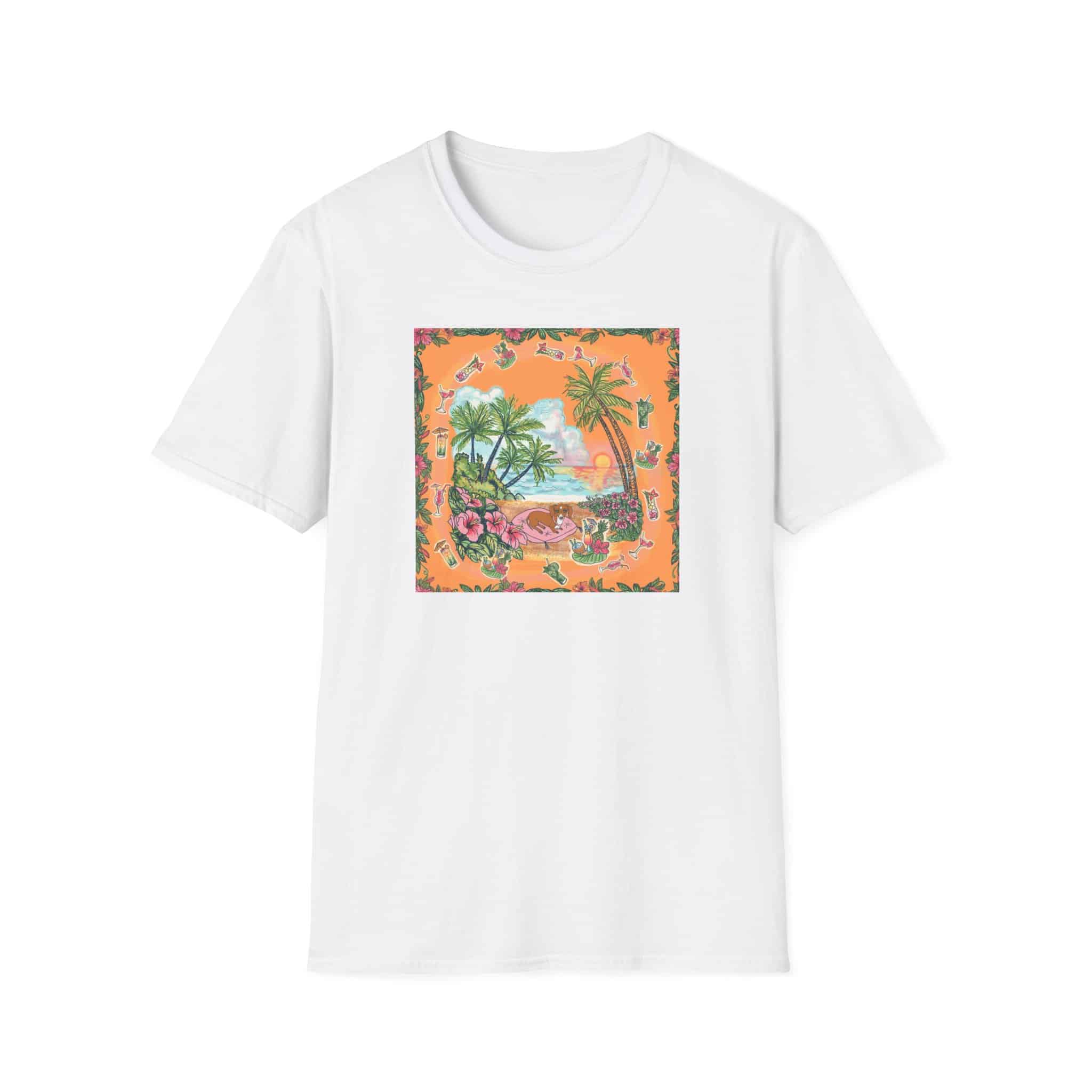 Girl Dachshund on a Tropical Sunset Beach T-Shirt — Vintage Beach Floral Graphic - Image 12