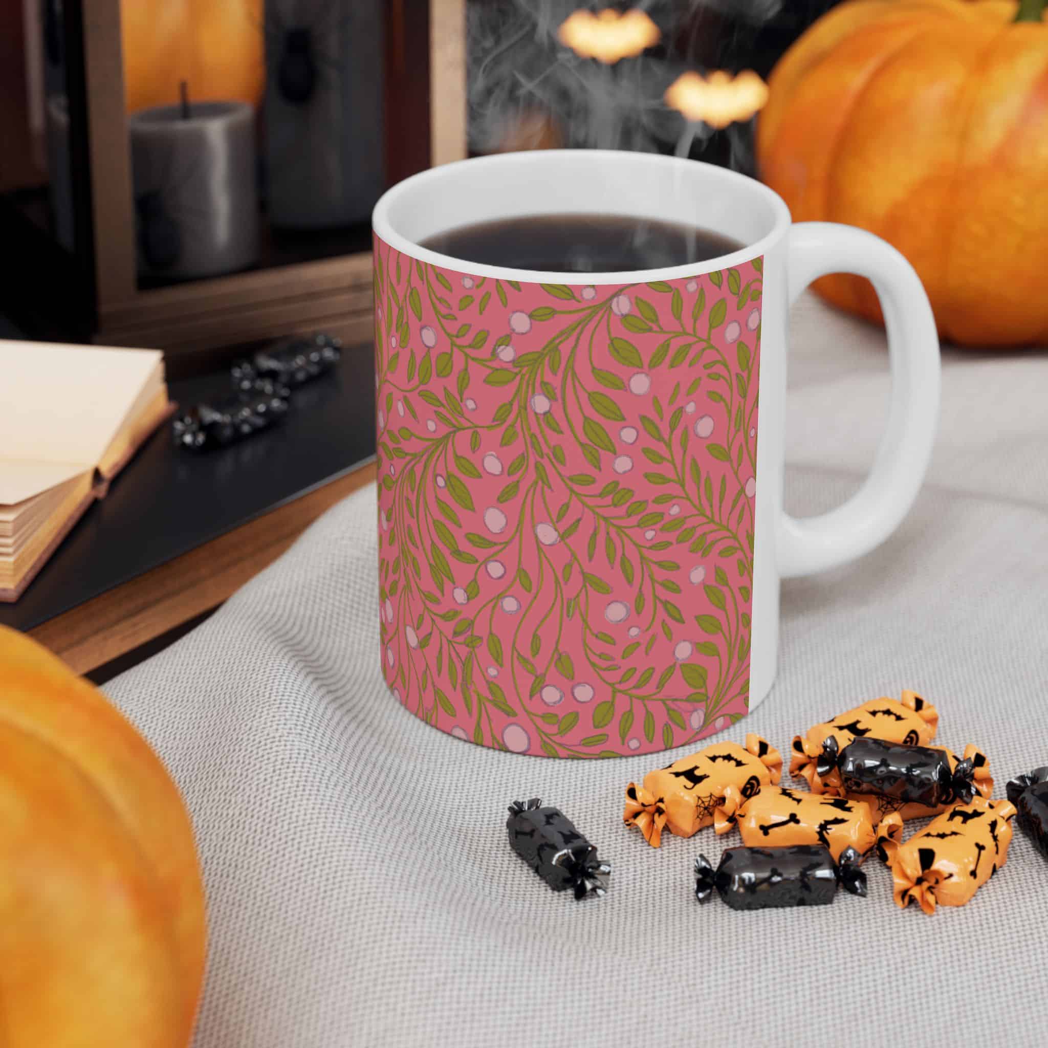 Coral Botanical Ceramic Mug — Floral Vine Pattern Coffee Tea Cup (11oz & 15oz) - Image 4