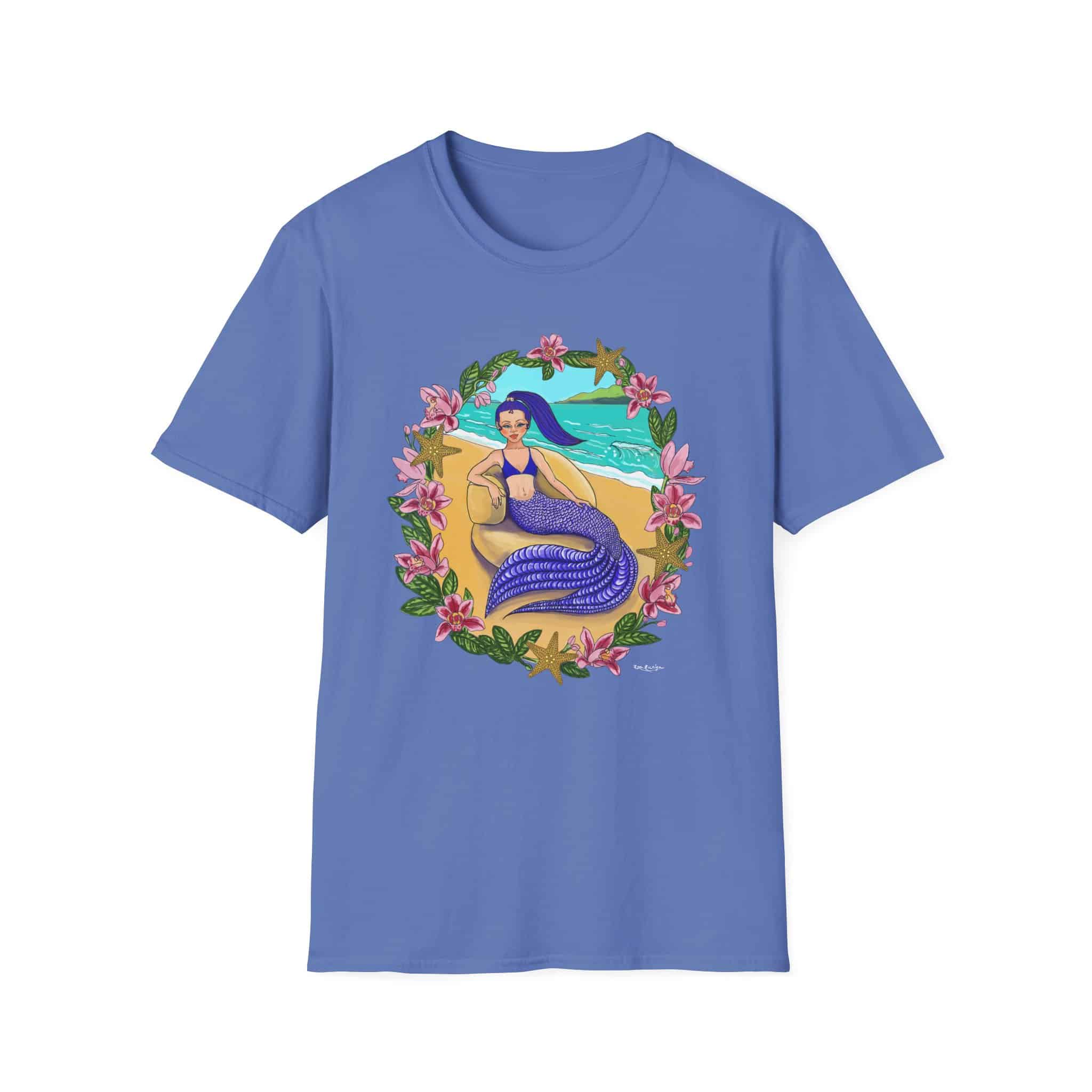 Blue-Haired Mermaid Beach Vibes T-Shirt — Tropical Floral Ocean Graphic - Image 33