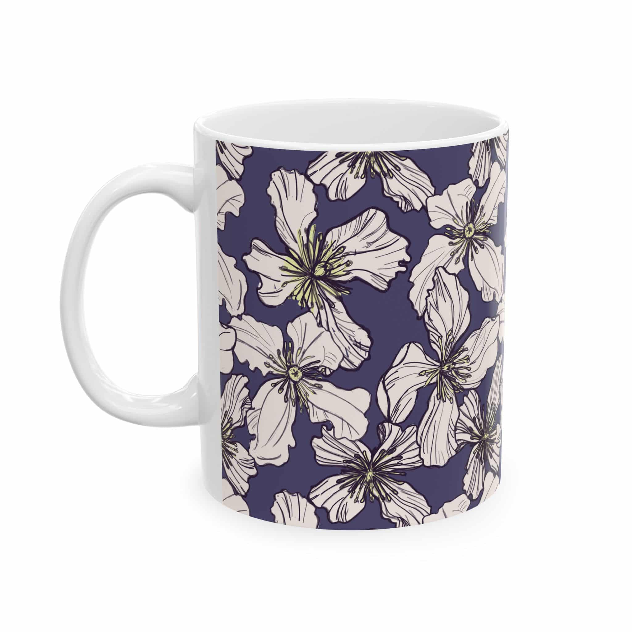 Floral Pattern Ceramic Mug — Hand-Drawn White Clematis Blossoms on Deep Navy (11oz & 15oz)